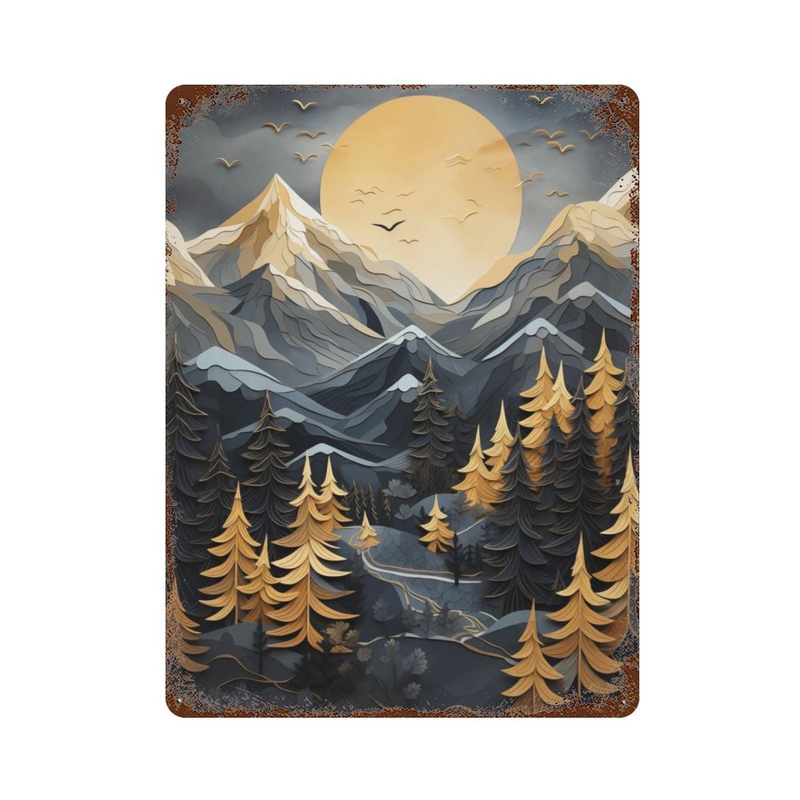 Mist Misty Pines Vintage Wall Sign 15.7"x11.8", Rust Effect Metal Decor for Living Room, Hallway And Home Decor