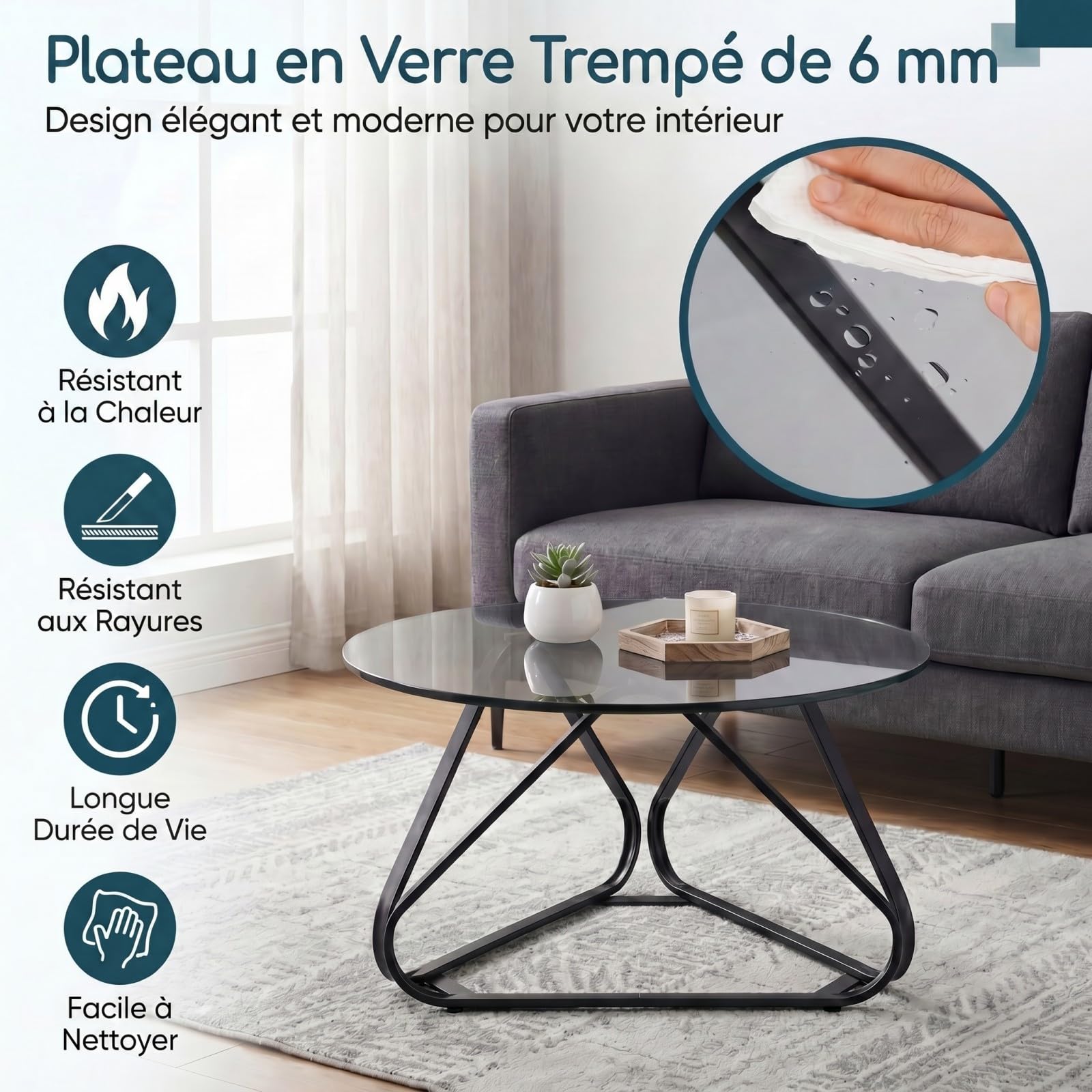 RELAX4LIFE Table Basse Ronde 80 CM en Verre Trempé, Table de Salon Ronde Transparente avec Cadre Métallique, Design Moderne Géométrique, Coussinets de Pied Réglables, pour Maison Appartement (Noir)