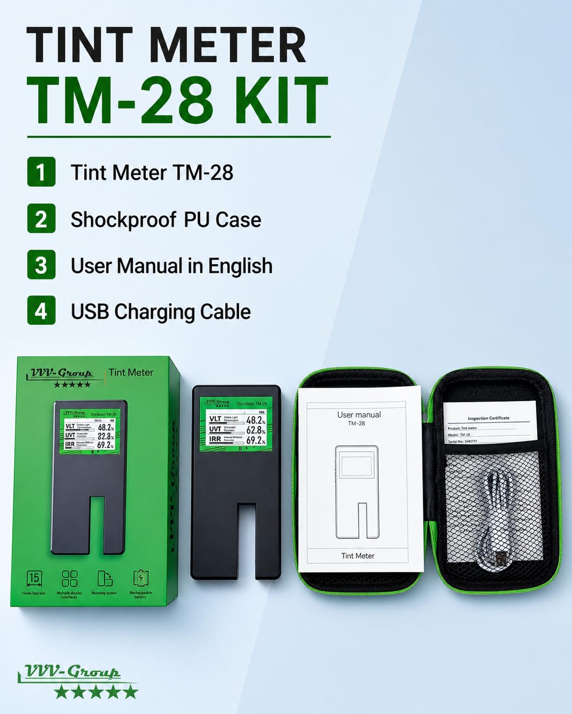 TM-28 - Tester digitale per vetri auto, TM-28, tester per la trasmissione della luce, rifiuto UV/IR, calibrazione automatica, rotazione del display (TM-28)