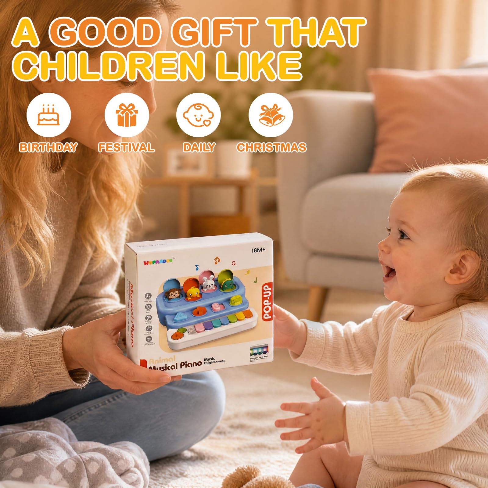 Mini Interaktives Pop-Up-Tierspielzeug mit Klaviertasten, Musik & Lichtern, Montessori Ursache und Wirkung Spielzeug für 3+ Jahre, STEM Feinmotorik, Babyspielzeug für Säuglinge 6-12 Monate, Kleinkind