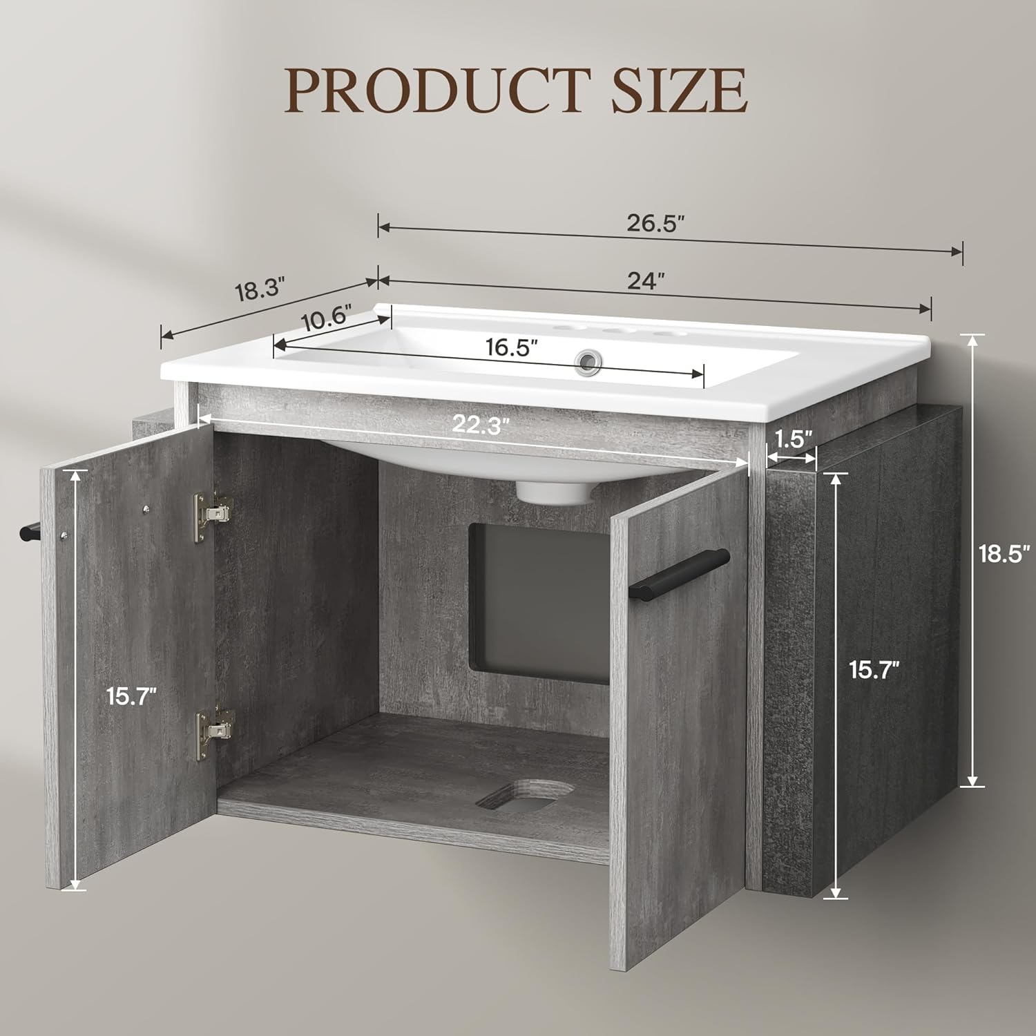YITAHOME 24 Inch Floating Bathroom Vanity with Sink, Grey Wall Mounted Modern Bathroom Vanity, Bathroom Cabinet Vanity with Double Extra Large Doors