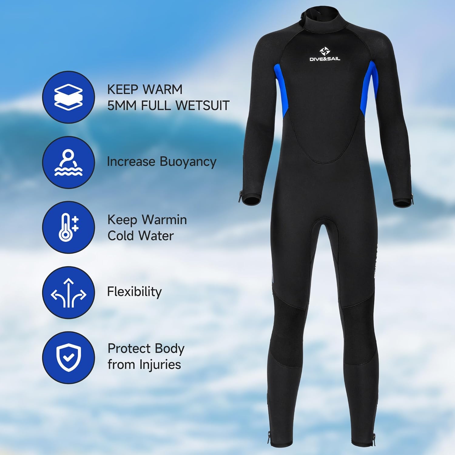 Wetsuit Full Wetsuit Womens Mens 5mm Neoprene Diving Wet Suit Back Zip Long Sleeve Keep Warm for Diving Scuba Surfing Snorkeling Water Sports