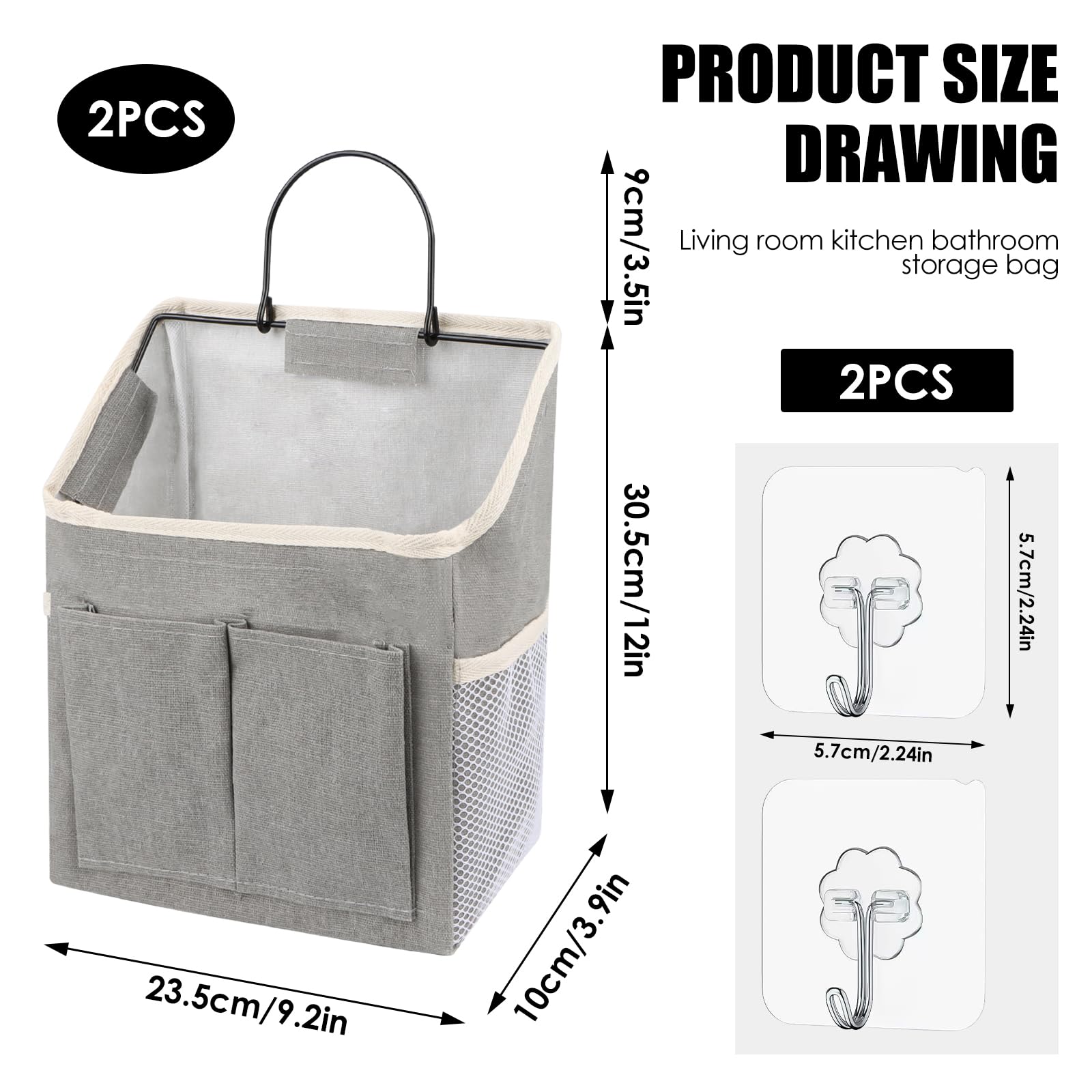 2 stuks hangorganizers, hangende opbergorganizers, waterdichte wandbovenhangtassen, opvouwbare linnen mand met zakken, wandorganizer met 3 vakken voor thuis, badkamer, kantoor (grijs