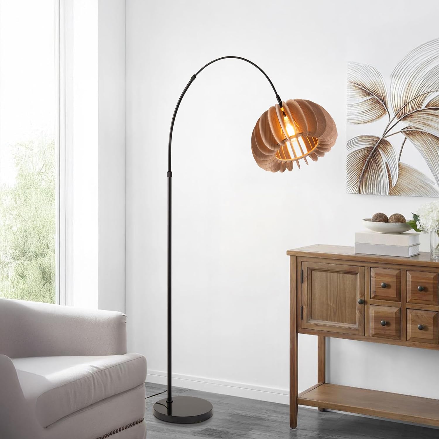 SUNLLOK 73" Modern Metal Arc Floor Lamp with Wooden Lampshade, Adjustable Height Black Metal Base Arched Corner Lamp, Large Curved Standing Lamp for Office, Living Room, Dining Room