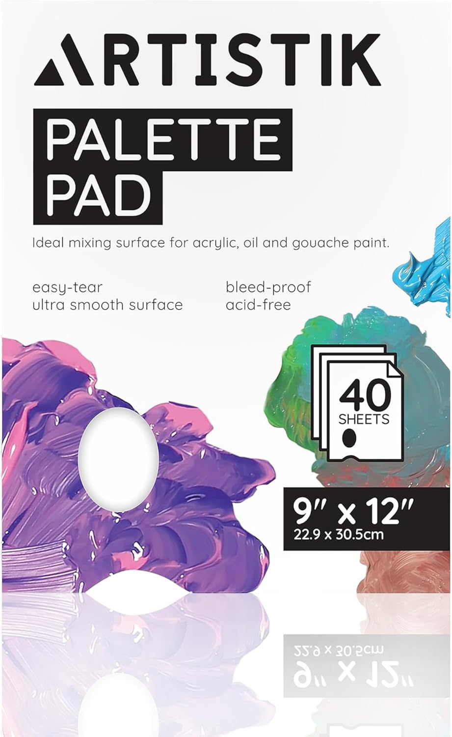 Artistik Tear-Off Disposable Palette Paper Paint Pad | 9"x12" / 21x29cm, 40 Sheets | Bleed-Proof Acrylic Paint Paper for Watercolor & Gouache Mixing