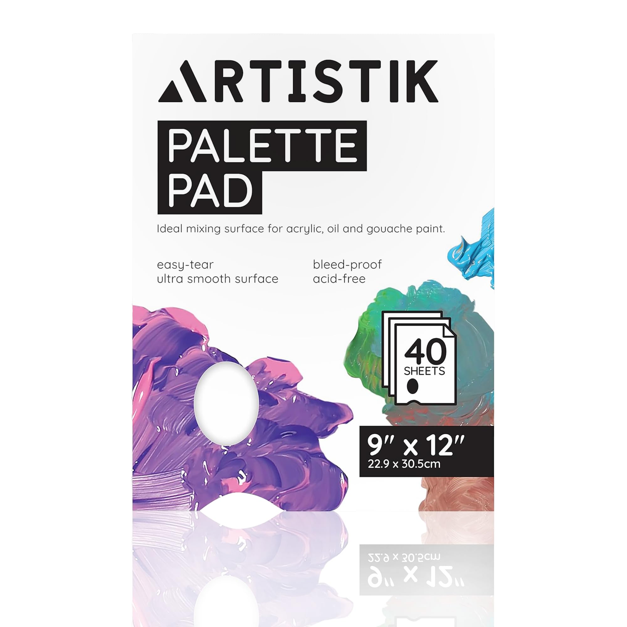 Artistik White Tear-Off Disposable Palette Paper Paint Pad | 9"X12" / 21X29cm, 40 Sheets | Bleed-Proof Acrylic Paint Paper For Watercolor & Gouache Mixing