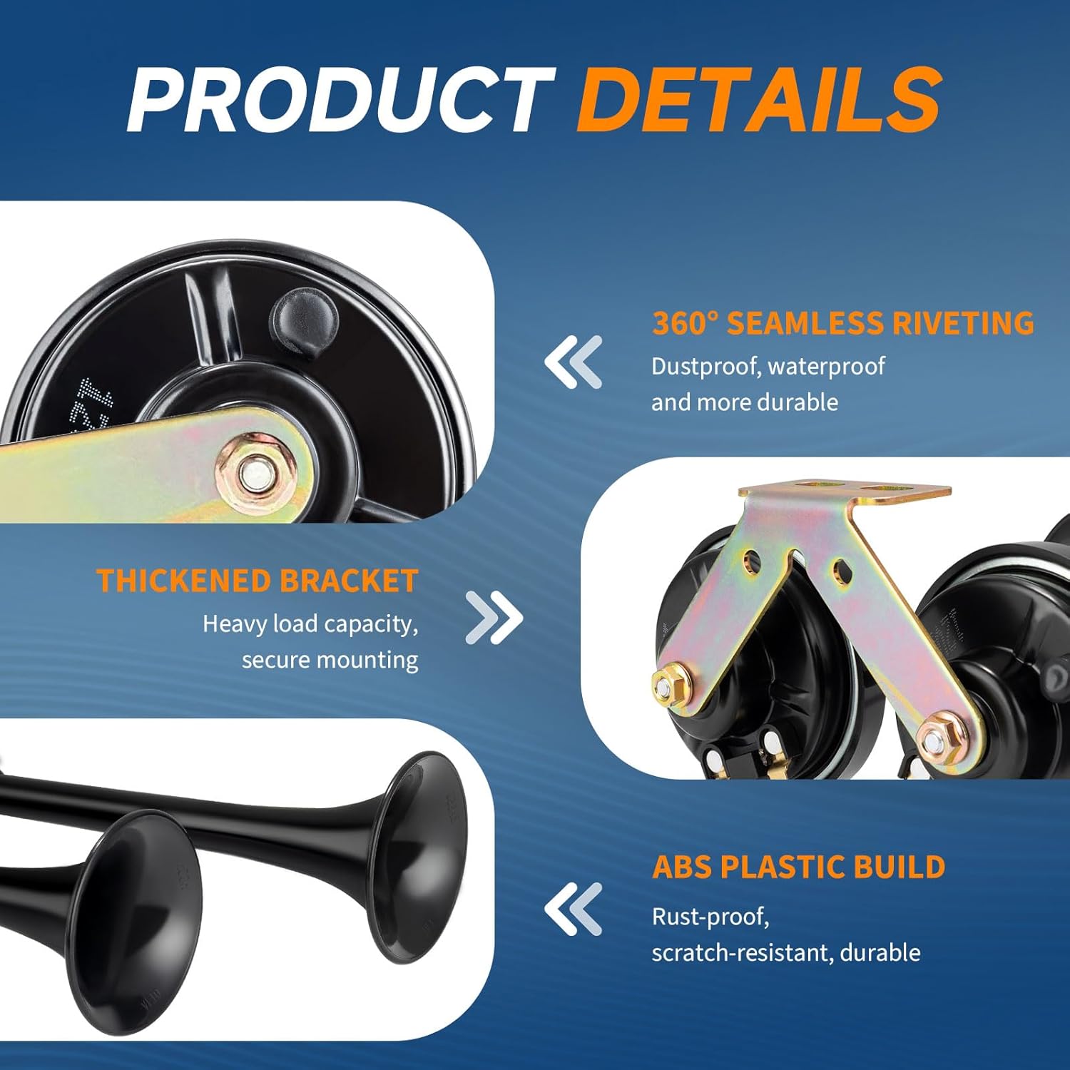 Car Horn 12V Electric Auto Horns for Truck Dual Trumpets Horn 130dB Universal Waterproof Low High Tone with Wiring for Any 12V Vehicles Pickup SUV Truck Boat