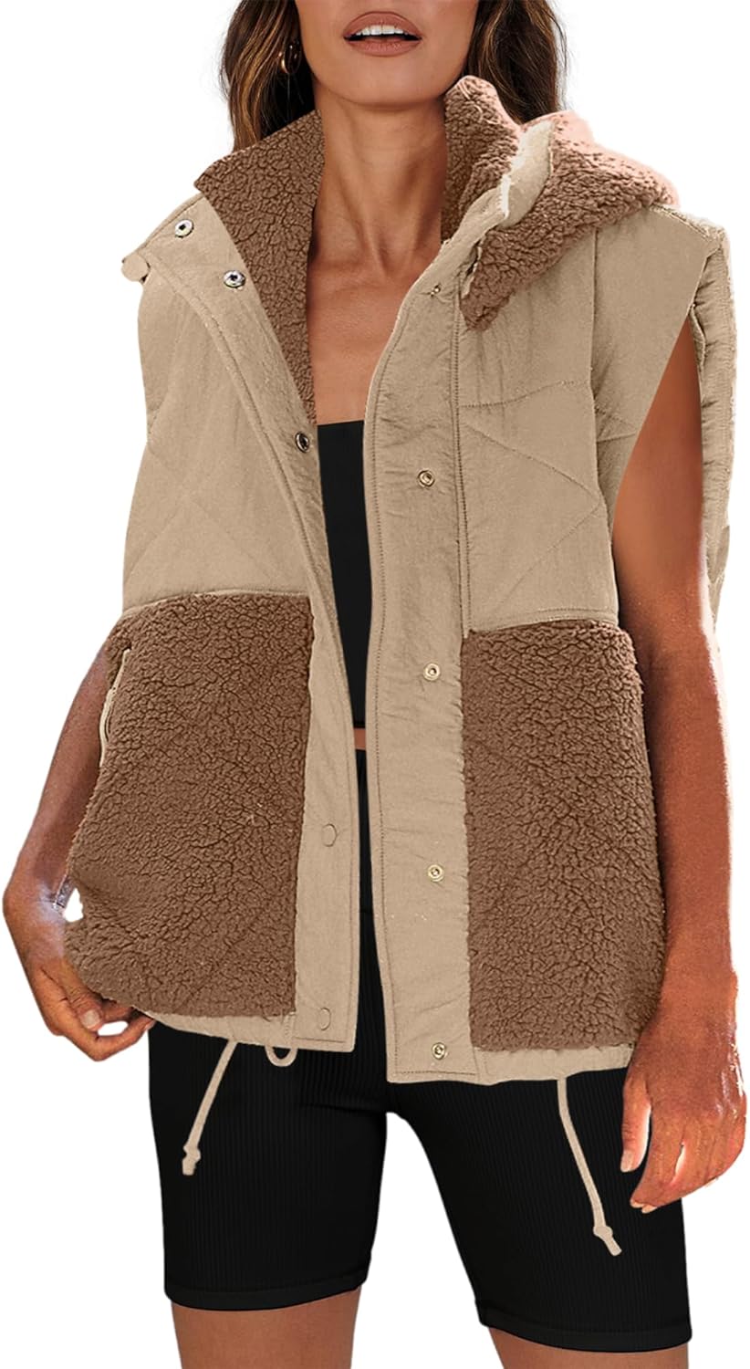Nirovien Womens Sherpa Vest Oversized Fleece Vest Color Block Quilted Vest Button Down Padded Outwear with Pockets - Image 2