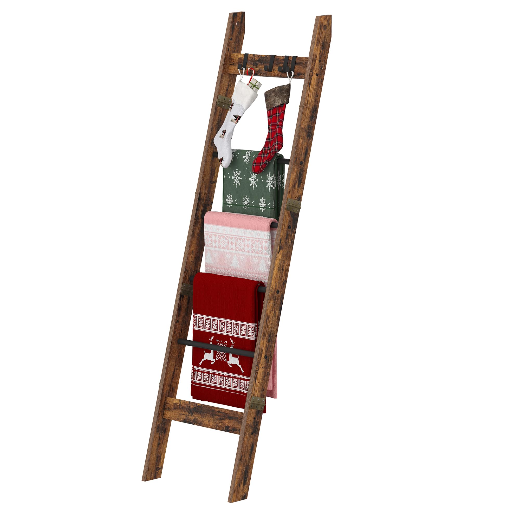 Blanket Ladder for Living Room, Decorative Quilt Rack with 4 Removable Hooks, 5-Tier Farmhouse Ladder Holder Shelf Organizer for Bedroom, Rustic Brown and Black BR31501BThe Forest Stewardship Council