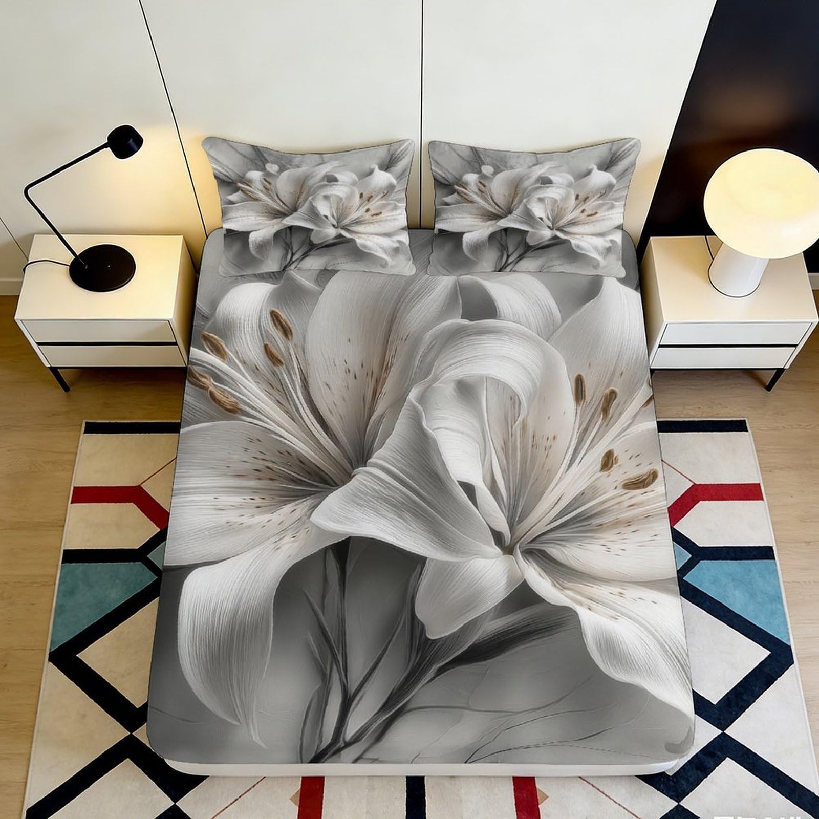 3D Printed Lily Pattern Fitted Sheet Microfiber Soft Deep Pocket Lily Mattress Fitted Cover Elastic Hem Bedding 140x200x25cm