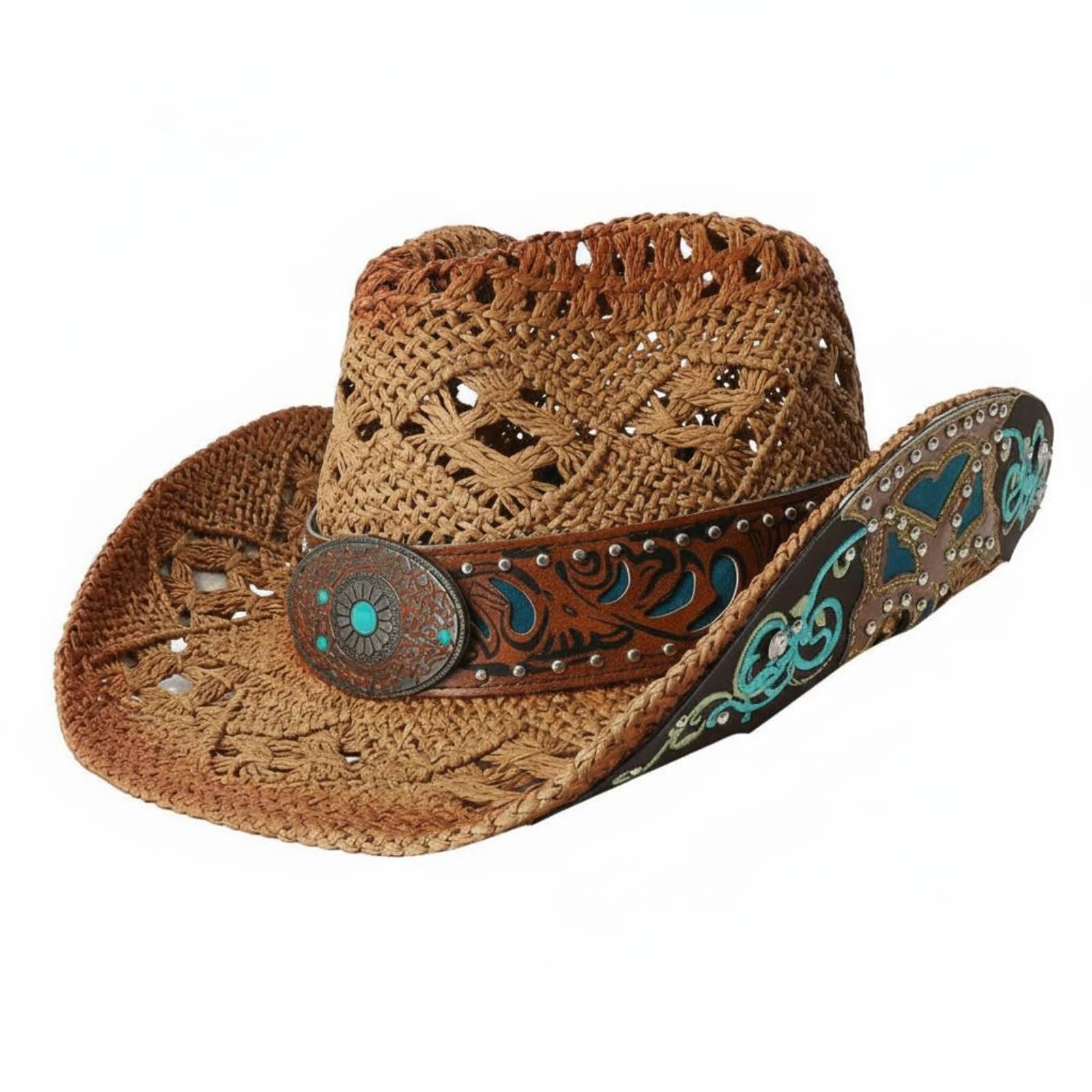 ZOOMELLA Embroidered Straw Cowboy Hat Decorative Belt Turquoise Band Cowboy Hat Vintage Design Fashion Accessory for Vacation, Beach, Outdoor, Khaki Orange Band-image-47