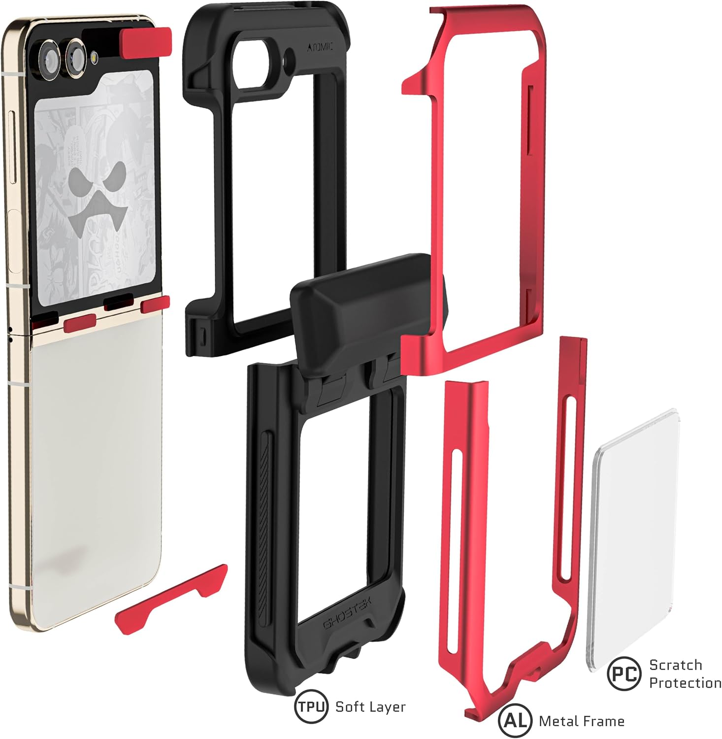 Ghostek Atomic Slim Samsung Z Flip 5 Case - Clear Back with Red Aluminum Metal Bumper, Shockproof & Dual Layer Protective Phone Case, Phone Cover Designed for 2023 Galaxy Z Flip 5 (6.7") (Red)