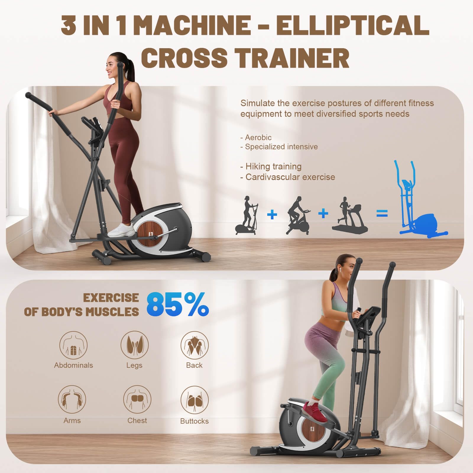Crosstrainer für Zuhause, 16 Widerstandsstufen Ellipsentrainer mit Bluetooth APP-Connect und LCD-Display, Pulsmessung, Heimfitness Elliptical Stepper