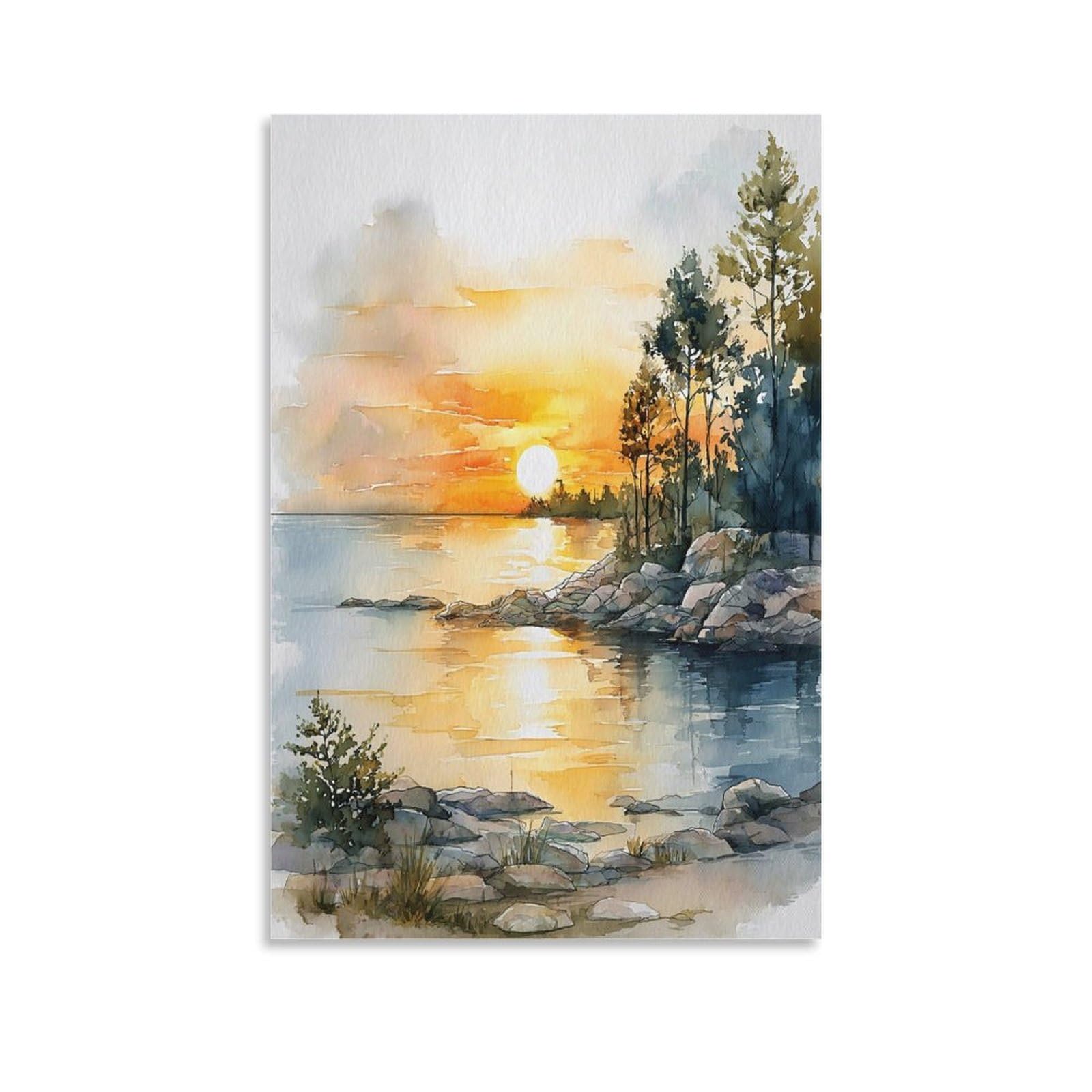 XWYMXZ Lake Erie Sunset Watercolor Painting Poster Tree 24x36inch(60x90cm) Vintage Watercolor Canvas Art