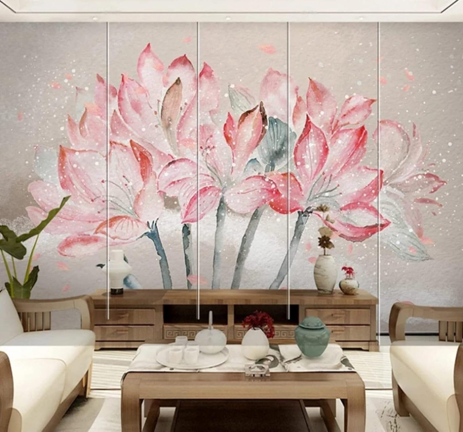 Xlming 430Cm×300Cm(B×H) Retro Hand Painted Watercolour Pink Lotus 3D Wallpaper Luxury Home Dining Decor Paste Sofa Living Room The Wall For Bedroom Mural-430Cm×300Cm