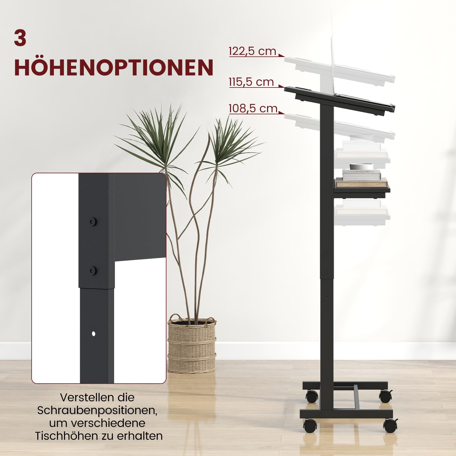 COSTWAY Stehpult höhenverstellbar, Steh-Sitz Schreibtisch mit Rollen, mobiler Stehschreibtisch mit geneigter Tischplatte & Ablagefläche, Laptoptisch für Zuhause & Büro, Schwarz