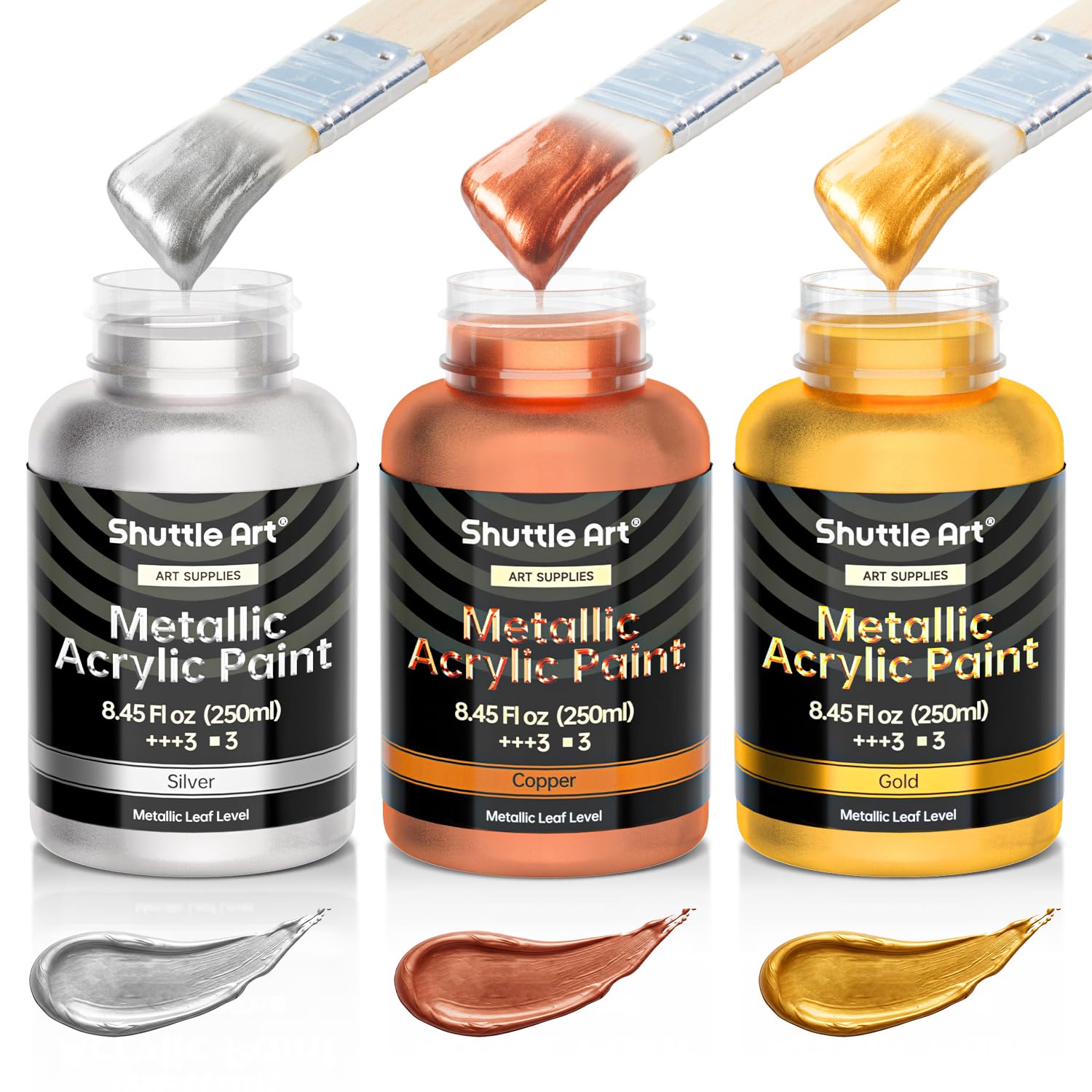 Shuttle Art 3 Colours Metallic Acrylic Paint-Gold, Silver, Copper, 8.45oz/250ml Each, 25.35 oz in Total, Non-Toxic, Non-Fading Gold Leaf Paint for Painting & Crafting on Metal, Wood, Canvas,Furniture