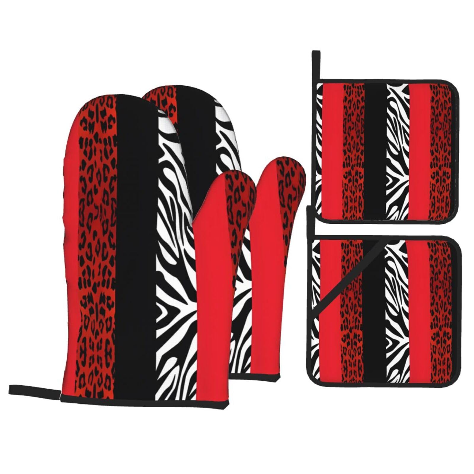 WHJSHOP Red Leopard and Zebra Animal Prints Kitchen Layers: Waterproof Oven Covers for Safe Handling & Easy Cleanup – 4 Piece Heat Protection Bundle