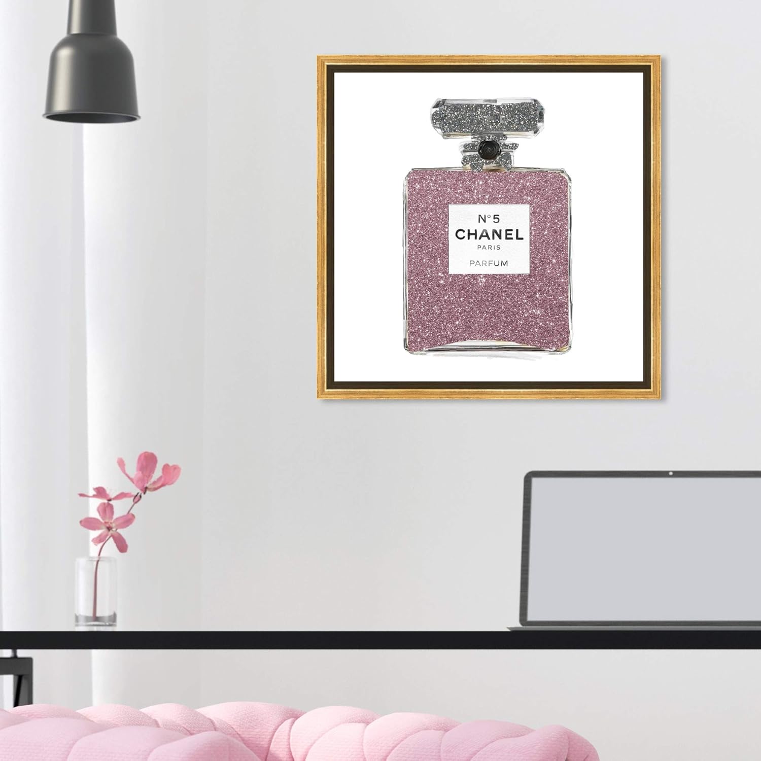 The Oliver Gal Artist Co. Fashion and Glam Framed Wall Art Canvas Prints Classic Number 5' Perfumes Home Décor, 16" x 16", Pink, Gray