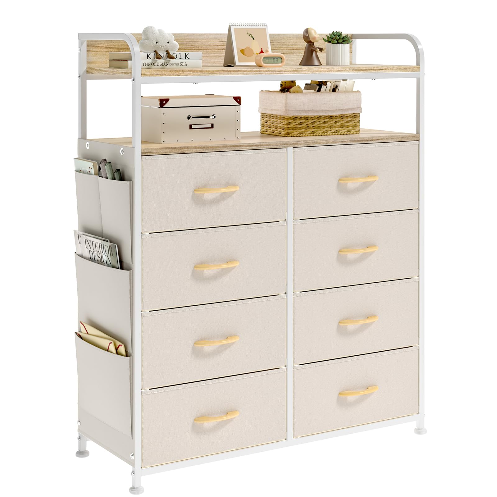Cassettiera in Tessuto, Cassettiera per Camera da Letto, 8 Cassetti in Tessuto, 4 Tasche Laterali, Credenza con Doppio Ripiano in Legno per Soggiorno, Ingresso, Camera da Letto, Beige