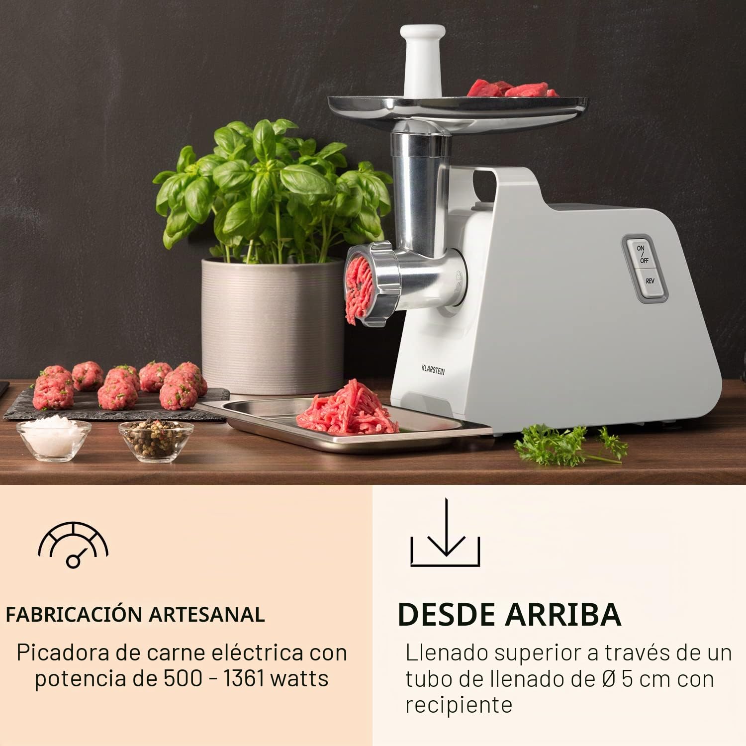 Klarstein Mighty Mince - Rallador eléctrico, Cortador de verduras eléctrico con potencia de 500-1361 W, Espiralizador de verduras con accesorios para salchichas, albóndigas y puré, Con asas, Blanco
