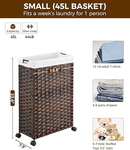 Miniatura 4 de Greenstell Cesta para ropa sucia con ruedas, cesta de ropa pequeña de 11.9 galones (45L) con 2 bolsas extraíbles y 2 bolsas de malla, cesta de