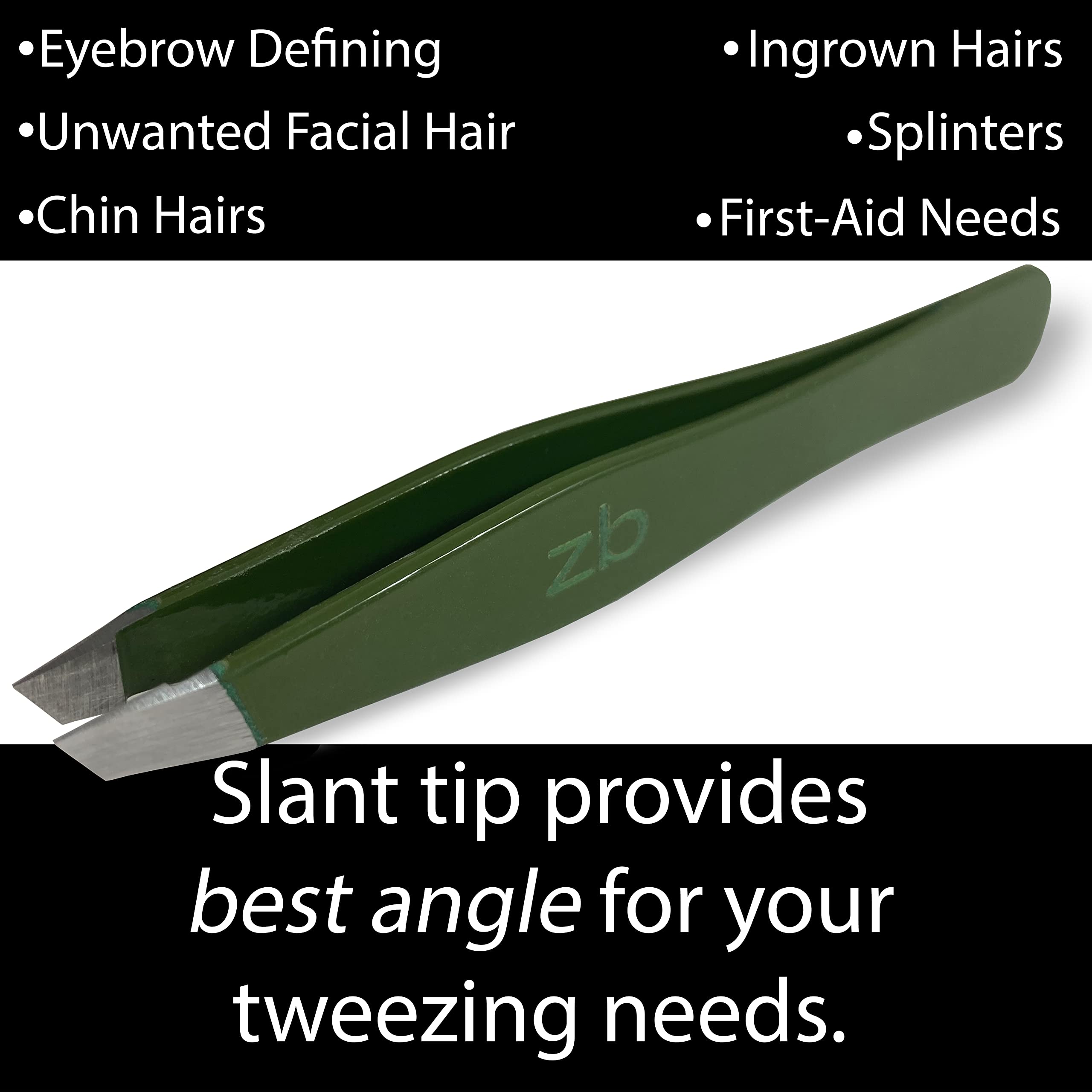 Pinzas de acero inoxidable quirúrgico, punta inclinada para modelar cejas y eliminar el vello facial, con funda protectora (verde militar)