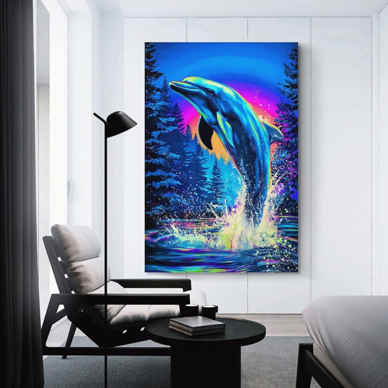 Junmoney Canvas Wall Art Neon Dolphin Splash Art Print, 24x36inch(60x90cm), for Gallery Wall Decor And Room Displays, Decorative Artwork with Flexible Styling