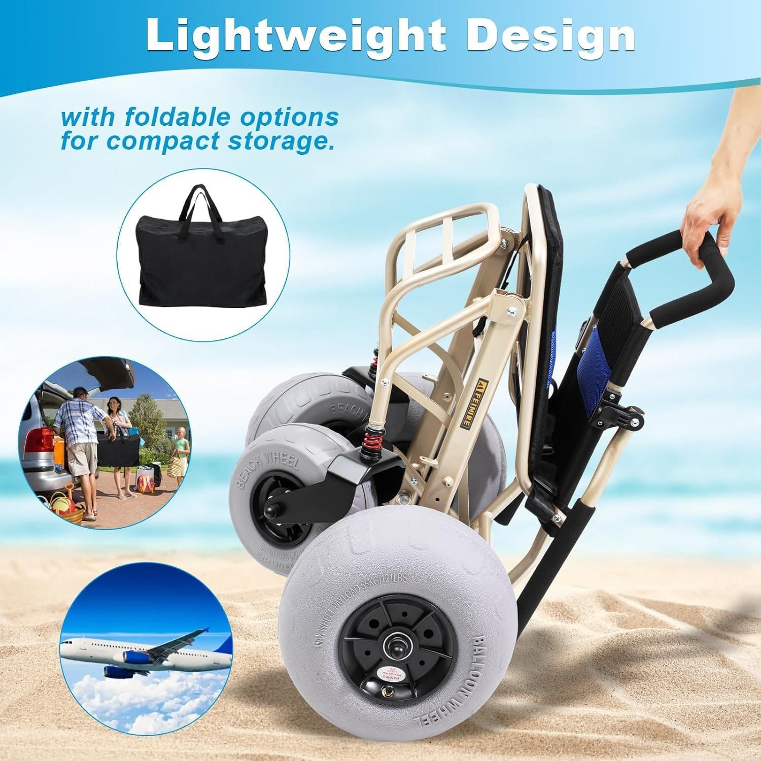 All-Terrain Beach Rollstuhl mit Ballonreifen - Klappstuhl für weichen Sand, Gras, Kies und Wasser - kompakt und reisefreundlich für ältere Menschen