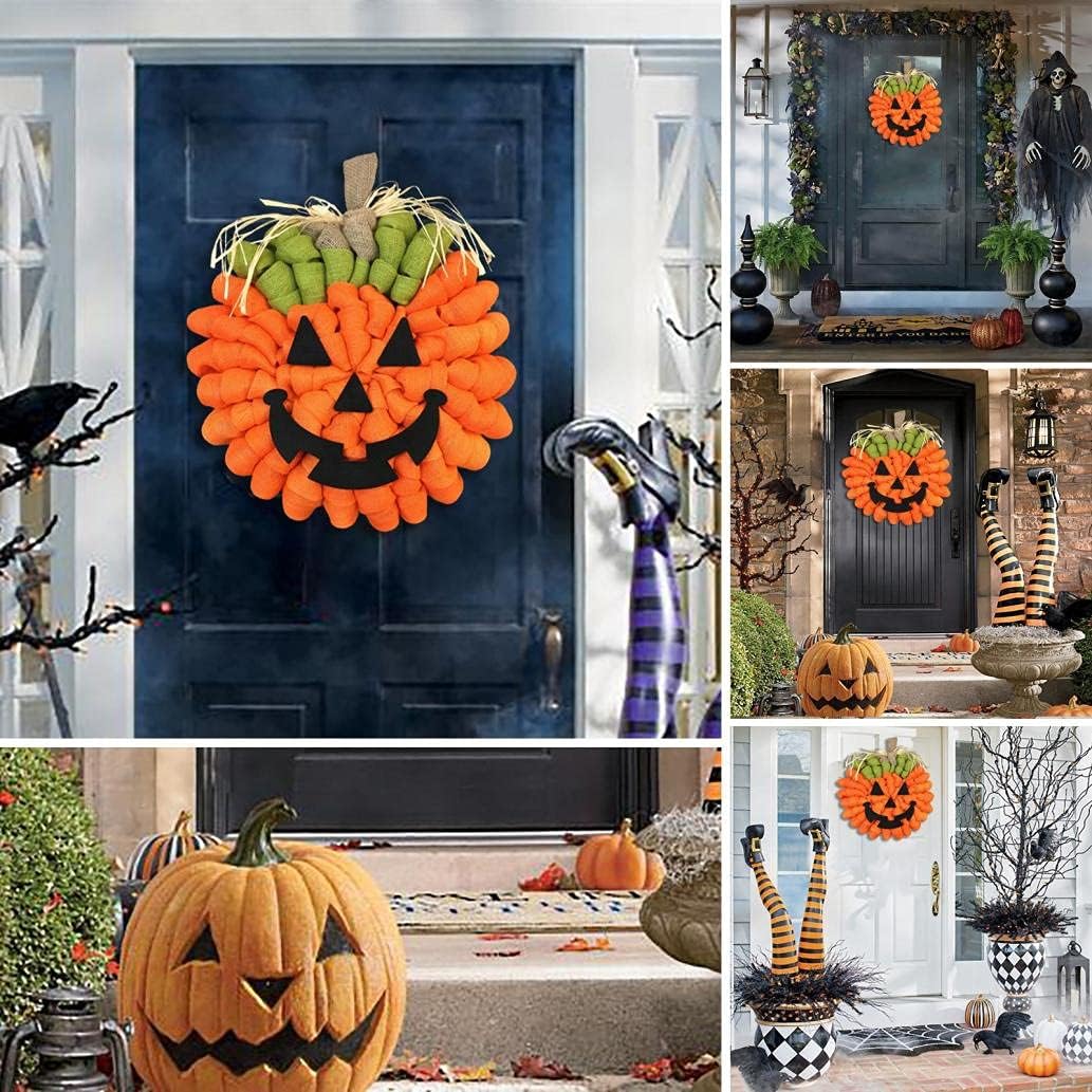 Fall Pumpkin Wreath Thanksgiving Fall Decoration, Burlaps O-Lantern Wreath Ghost-Face Door Hanger Halloween Decor for Front Door Wall Home Indoor Outdoor Garden Decoration Ornaments (Multicolor)