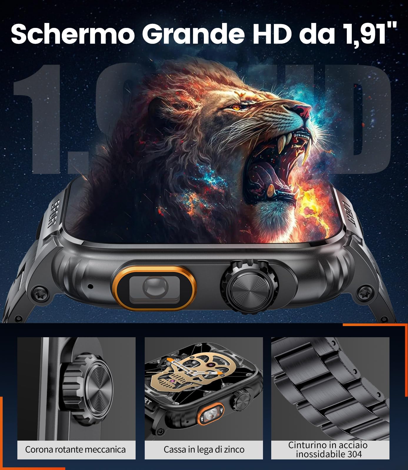 LIGE 2024 Smartwatch Uomo Militare con Torcia LED,1,91" HD Display Rugged Smartwatch Orologio con Chiamate Bluetooth,Impermeabile IP68,430mAh 100+ Modalità,SpO2,Sonno,Notifiche WhatsApp Android iOS