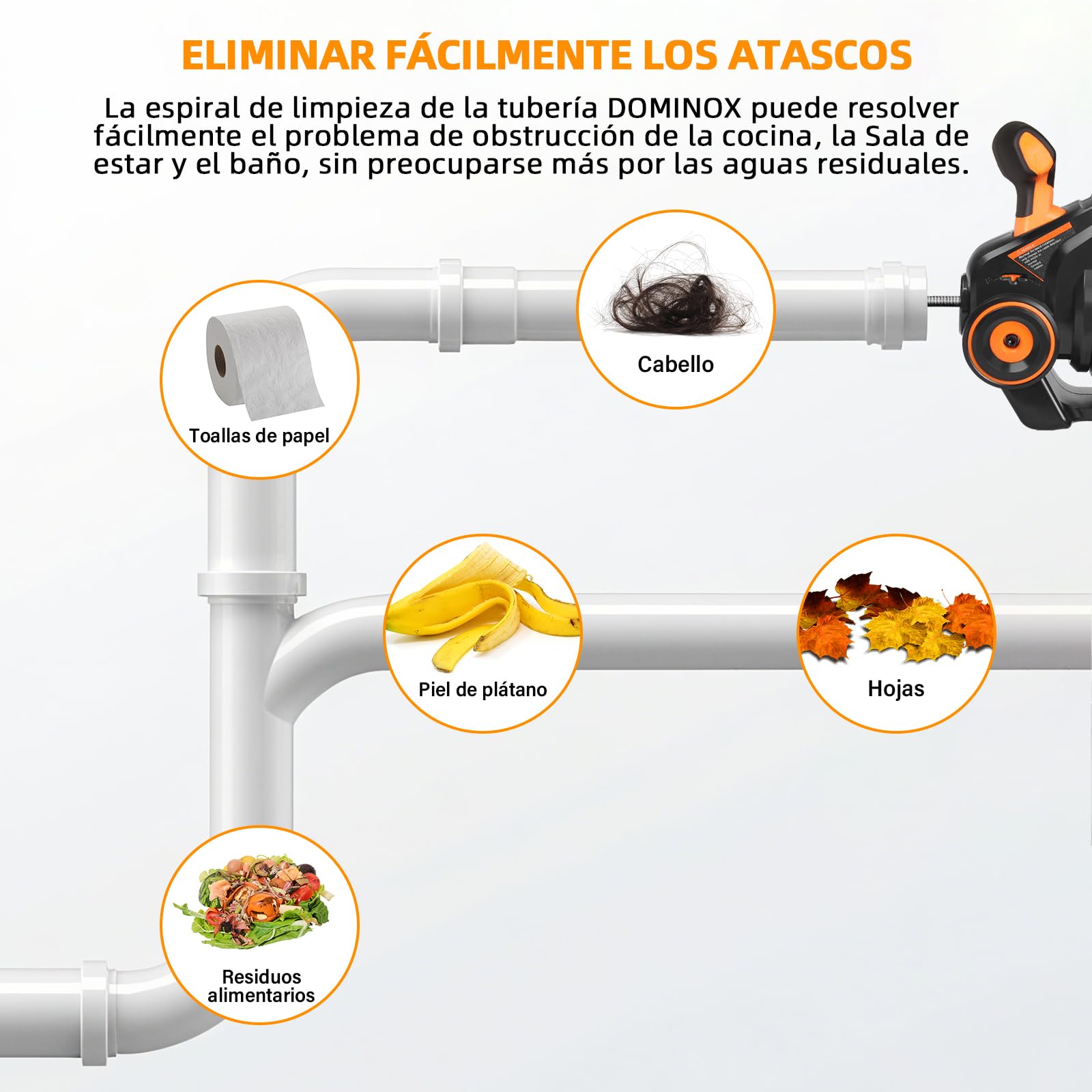Espiral de limpieza de tuberías eléctrica de 18V con batería, 7,6m, limpiador de desagües en espiral, espiral de limpieza de tuberías para desatascar inodoros, baños, tuberías de lavabo