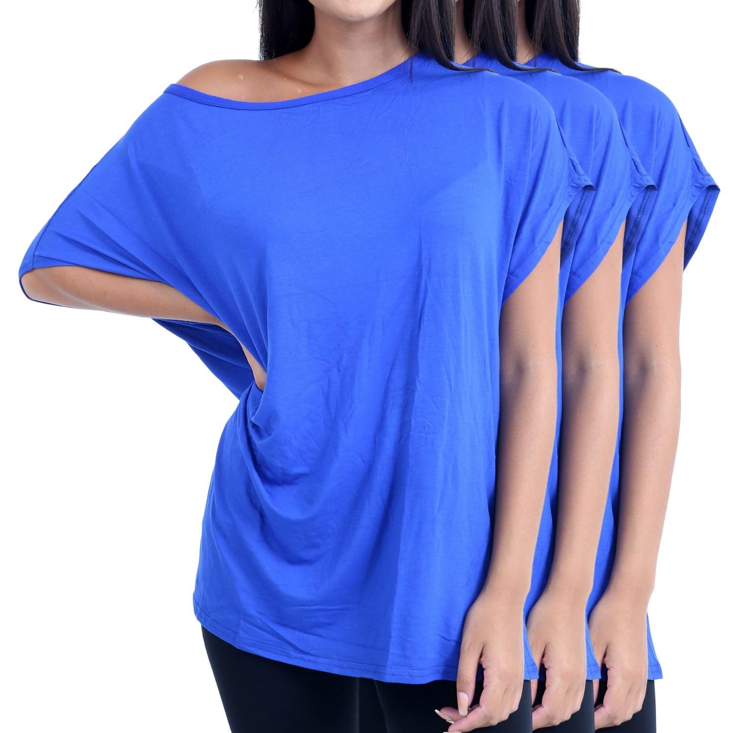 Lot de 3 t-shirts surdimensionnés à manches courtes avec épaules dénudées chauve-souris pour femmes, t-shirts amples unis, épaules dénudées, fête et tenue décontractée, bleu marine, 40-42