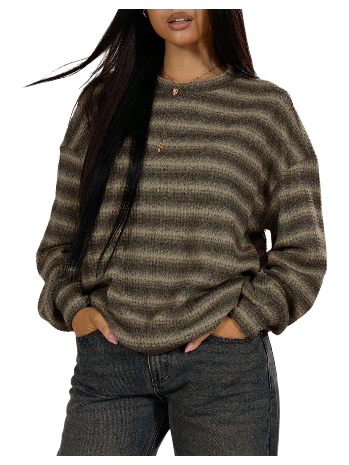 SOLY HUX Womens Striped Sweater Waffle Knit Tops for Women Long Sleeve Shirts Casual Lightweight Fall Tops