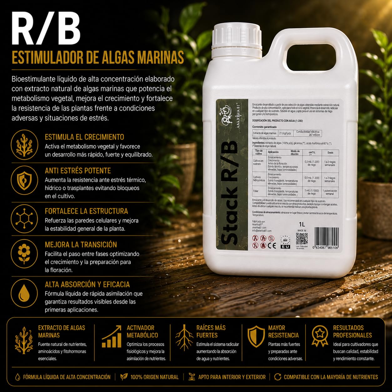 R B 3,8 L – Estimulador de Algas Marinas Fortificante Plantas Anti Estrés Crecimiento y Transición Fertilizante Líquido Cultivo Interior y Exterior - Anarkia81