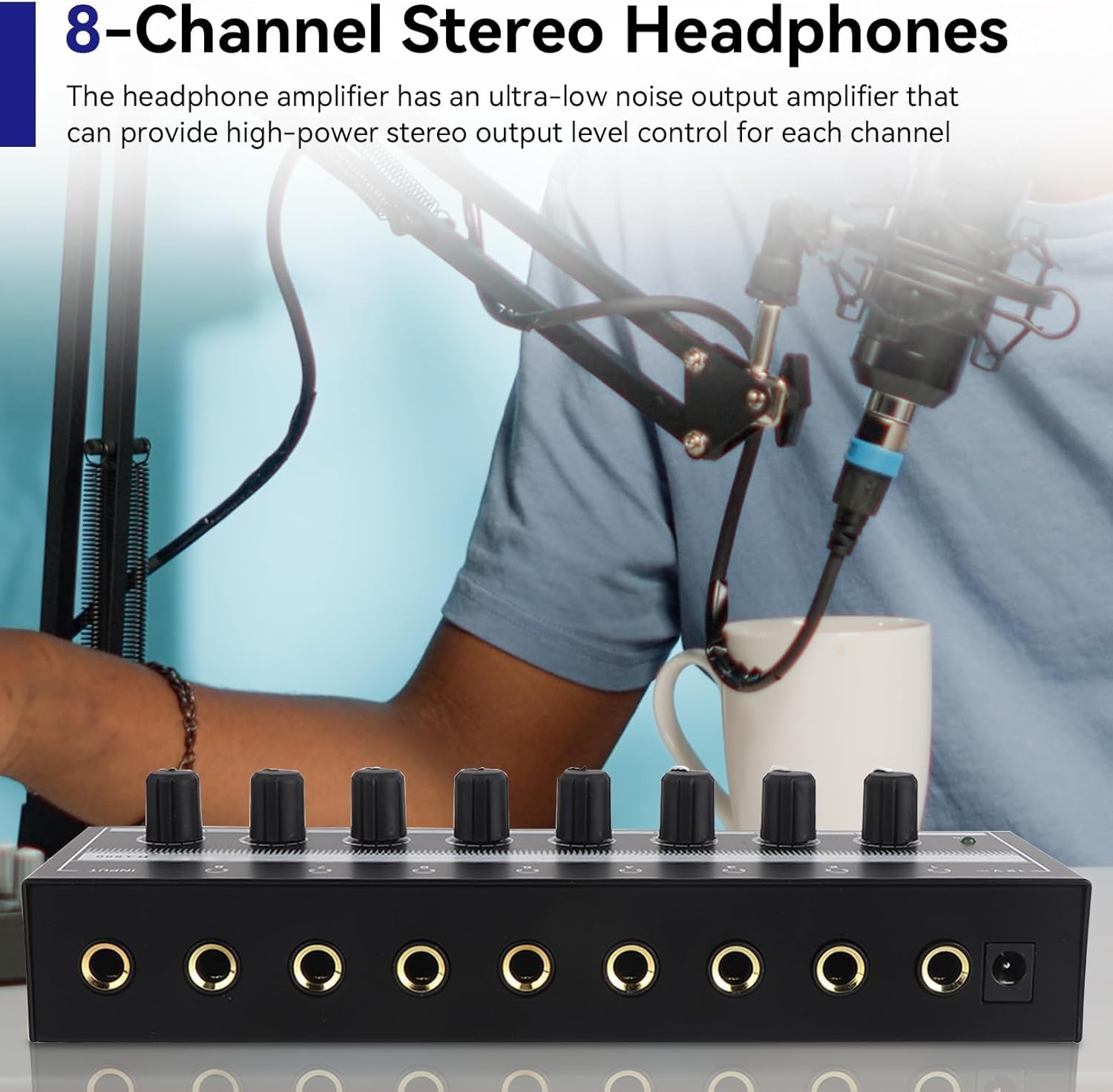 HERCHR Headphone Amplifier 8 Channel Metal Stereo Audio Amplifier, 100 to 240V Portable Headphone Amp with Power Adapter for Studio and Stage