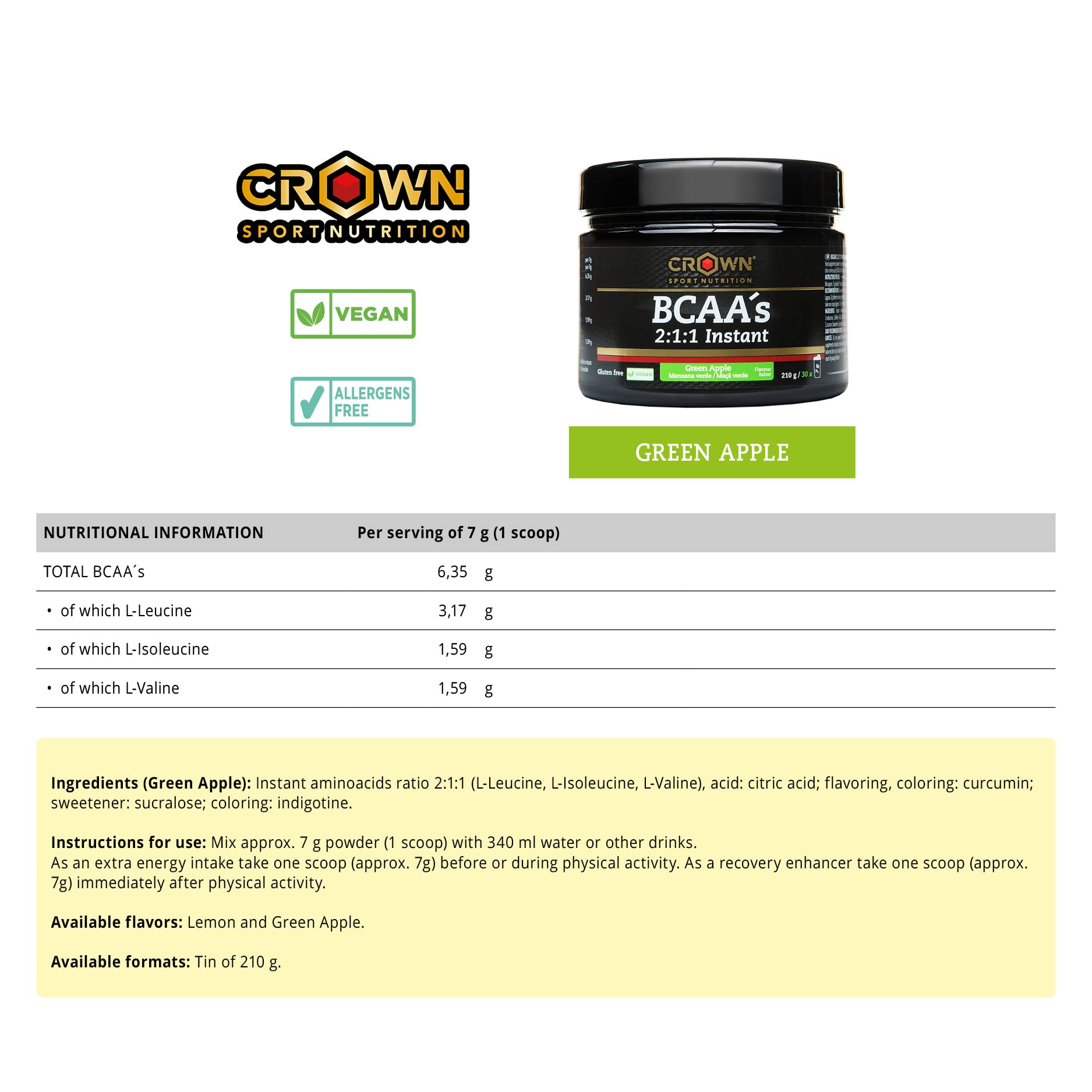 Crown Sport Nutrition BCAA 2:1:1 Instant Acides aminés à dissolution instantanée pour sportifs Saveur pomme verte 210 g