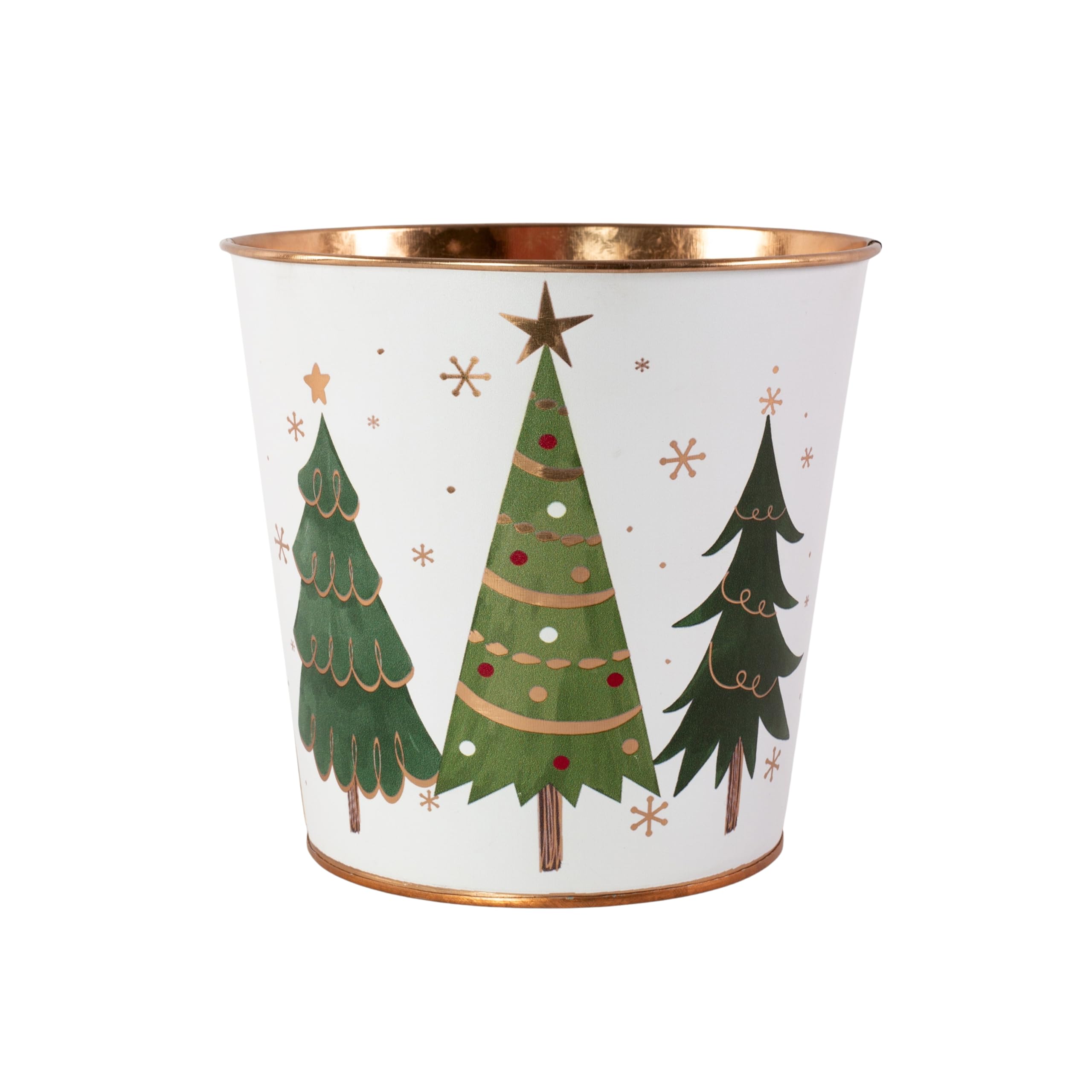 Fyne-Finds White Metal Plant Pot Christmas Trees Stars Design 16Cm, 6Inch Tin Pail Gold Rim Xmas Festive Planter Home Garden (1)