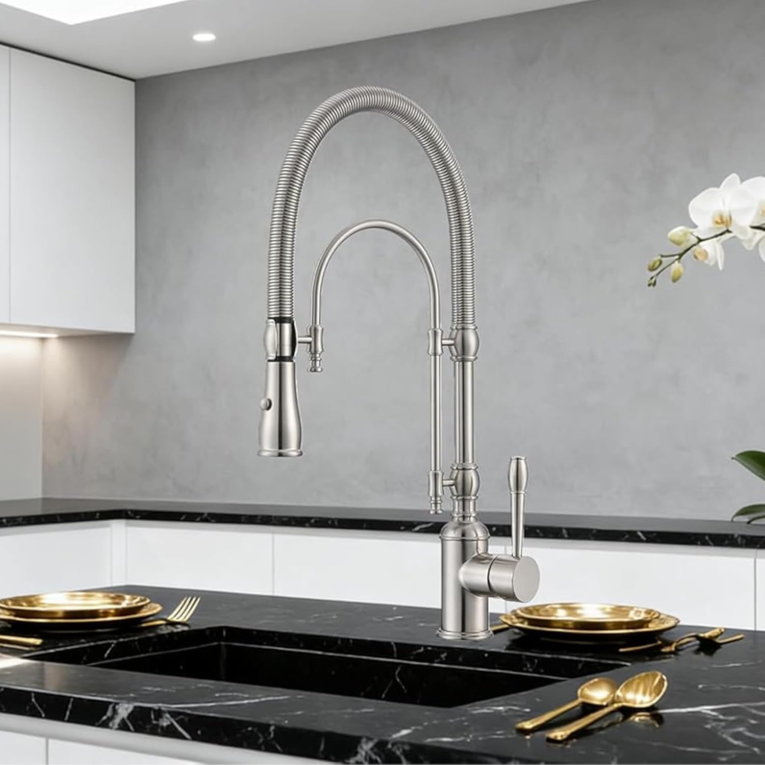 Classical Commercial Copper Kitchen Faucet, Single Handle Spring High Arc with 360° Swivel Pull Down Spray, Brushed Nickel Finish & Deck Plate for Farmhouse Sink