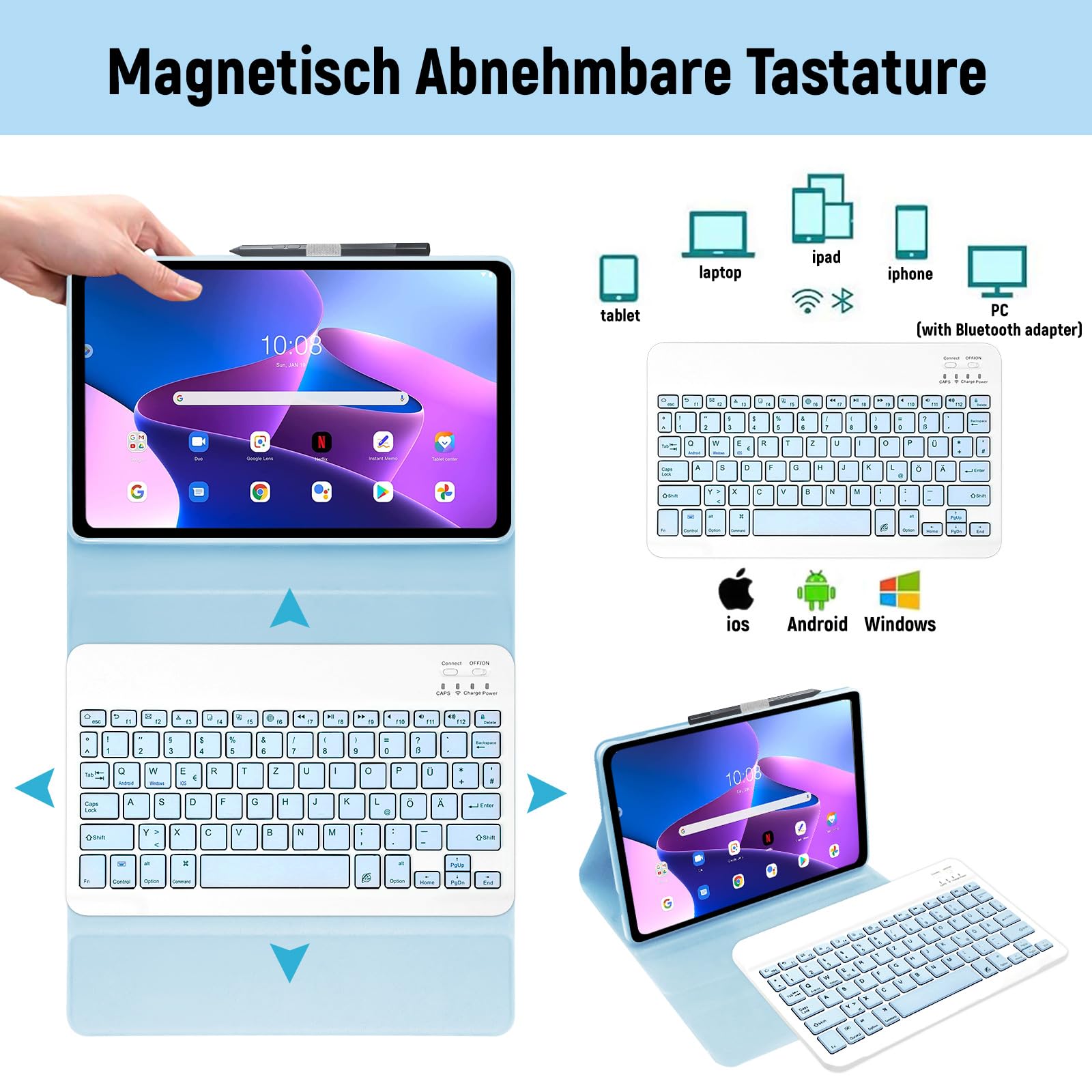 Lenovo Tab M10 Plus (3rd Gen) 2022 Custodia protettiva e tastiera Bluetooth rimovibile (QWERTZ tedesco), custodia per tastiera per Lenovo Tab M10 Plus (3rd Gen) 10,6 pollici (TB-125FU /TB-128FU), blu