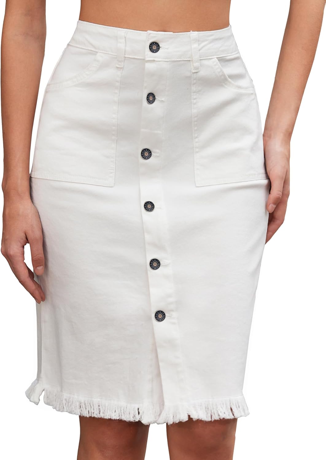 Vetinee Jean Skirts for Women Button Down Distressed Raw Hem Casual Summer Stretchy Knee Length Denim Skirt with Pockets