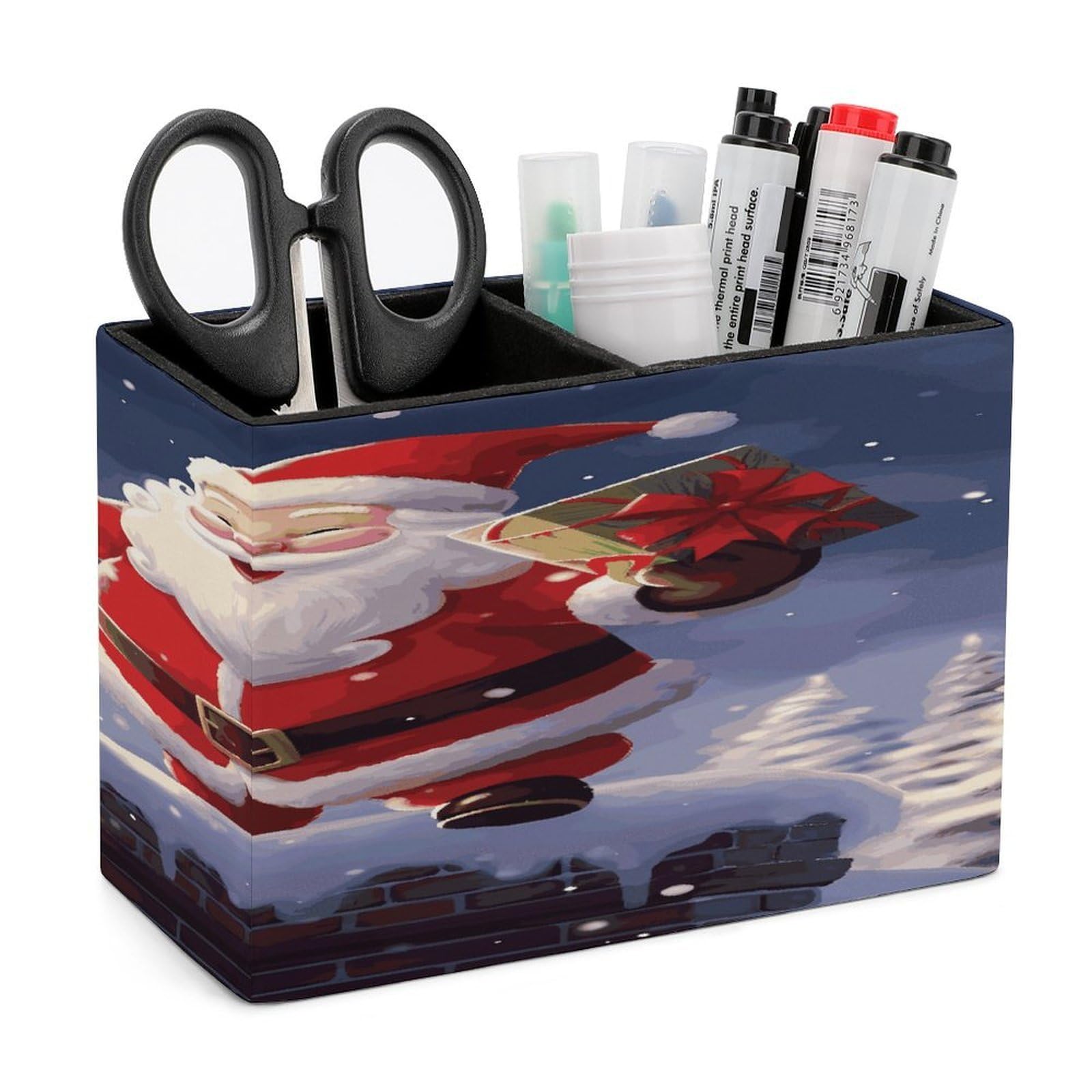 LDGSUPH Merry Christmas Santa Leather Pen Holder for Desk Organizer Caddy Large Pencil Cup Multi-function Pencil Holder Makeup Brush Holders Pen Organizer for Home Office Storage Box