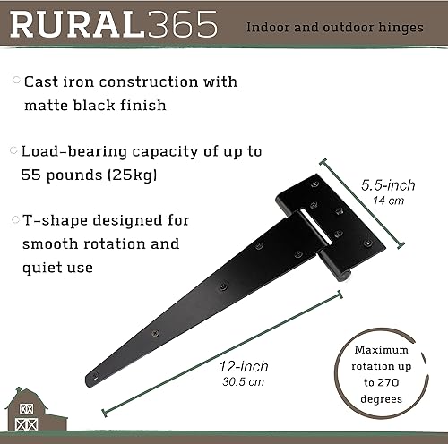 Miniatura 4 de Rural365 Bisagra triangular para puerta, paquete de 2 unidades, bisagras de puerta de estilo granero de 12 pulgadas, resistentes con correa en T de