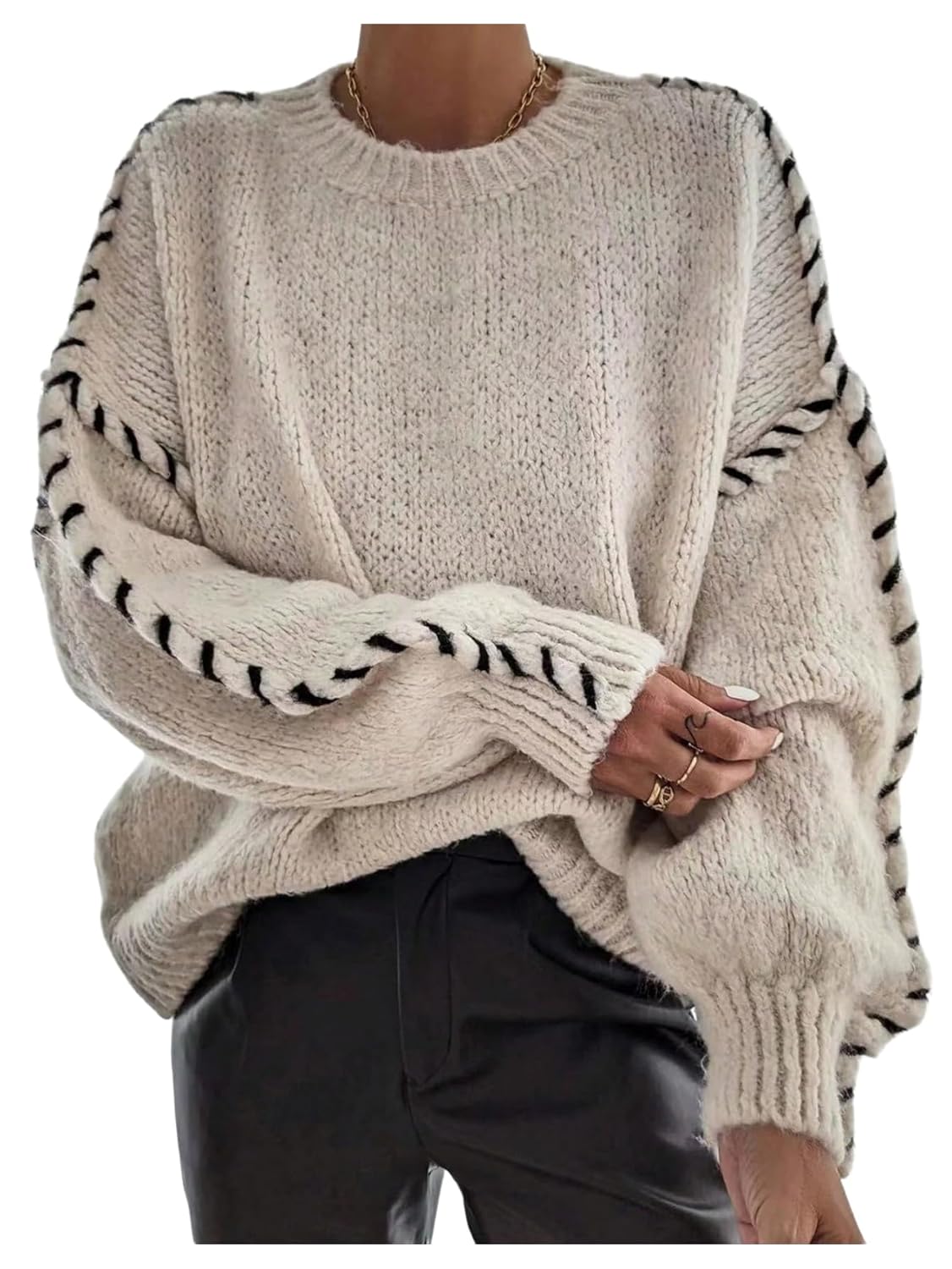 Womens Fall Oversized Sweaters Stitching Long Sleeve Crew Neck Baggy Knit Pullover Jumper Tops