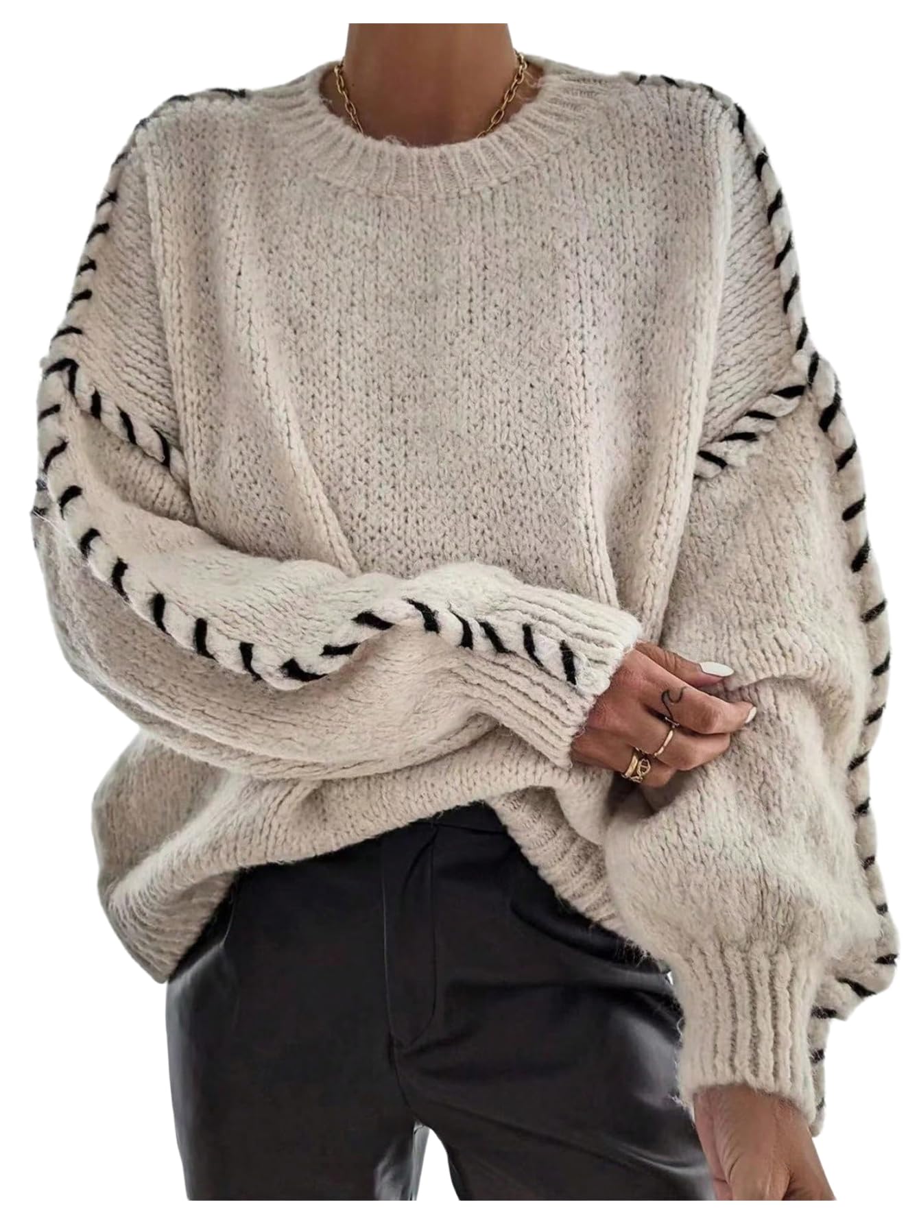 Womens Fall Oversized Sweaters Stitching Long Sleeve Crew Neck Baggy Knit Pullover Jumper Tops