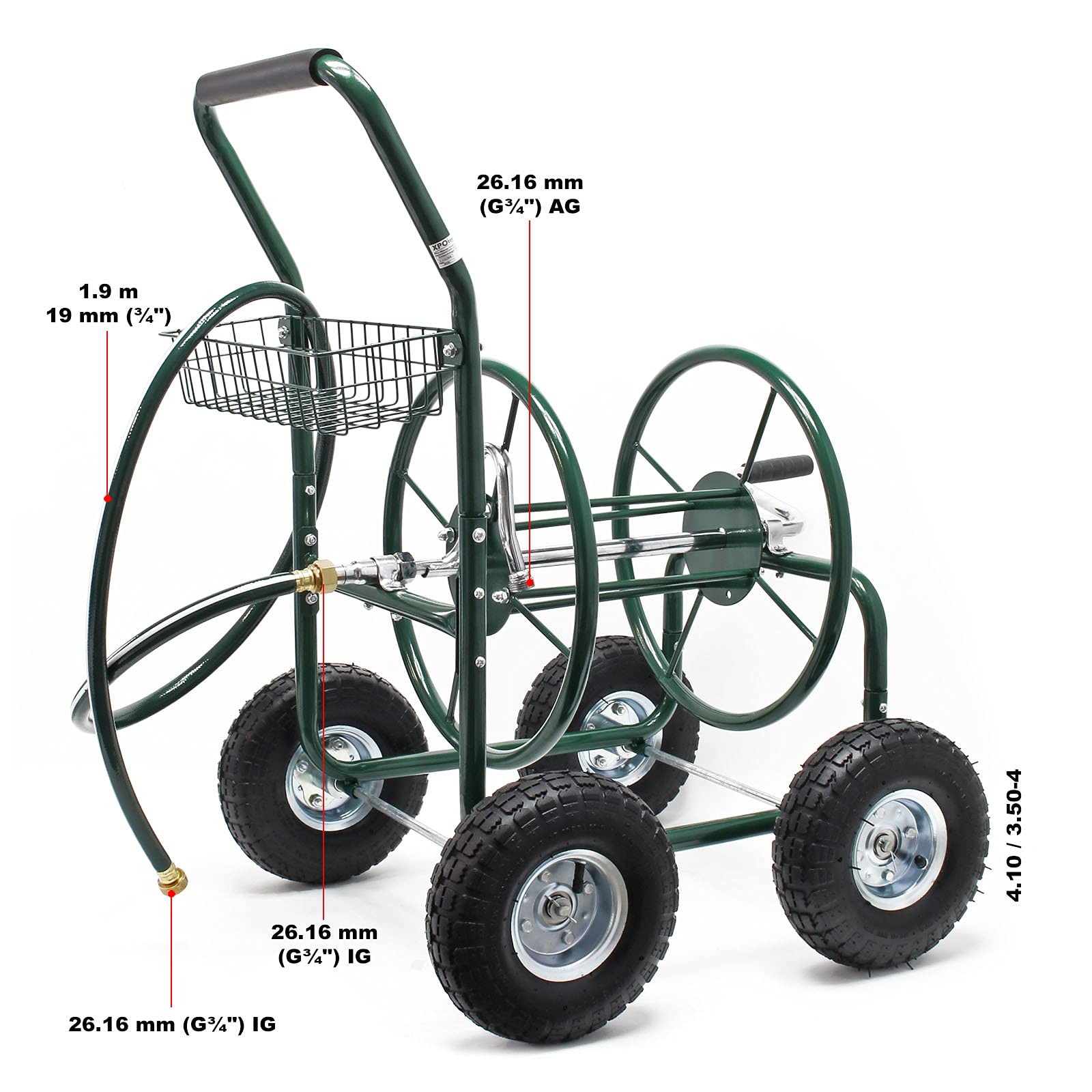 Wiltec Chariot Tuyau d'arrosage 76m 5/8" (16 mm) Enrouleur 4 Roues Ø 25cm Dévidoir sur Roues de Tuyau Dispositif Irrigation Mobile Jardin