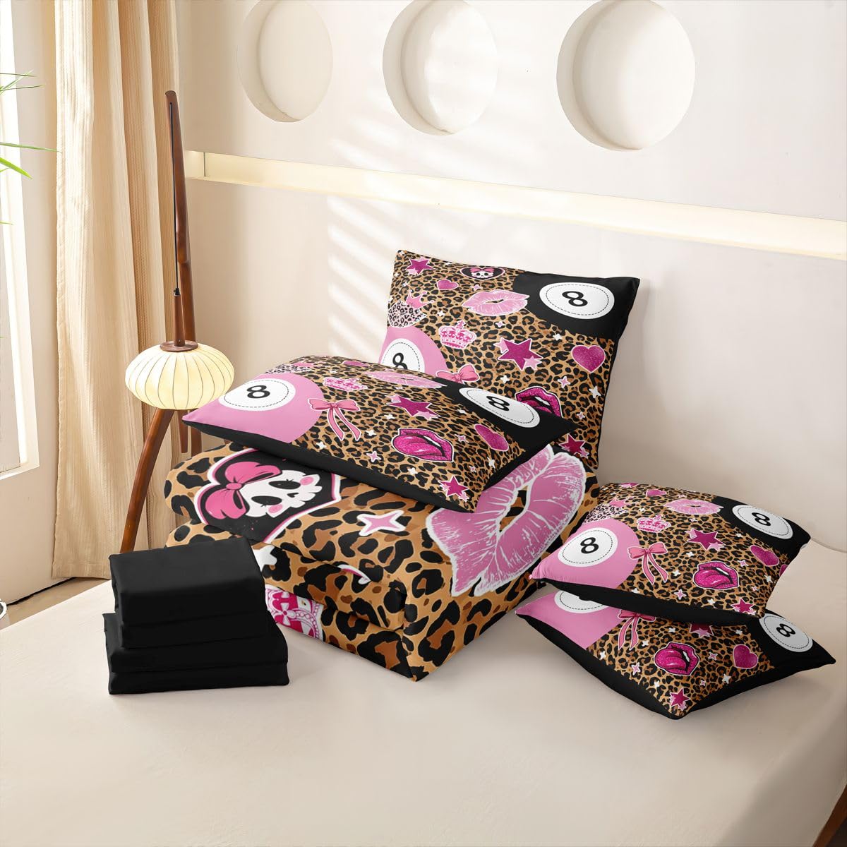 Loussiesd Juego de funda de edredón de 8 bolas, tamaño Super King, 7 piezas, estampado de leopardo marrón, juego de ropa de cama en una bolsa con funda de edredón, sábanas, fundas de almohada y fundas