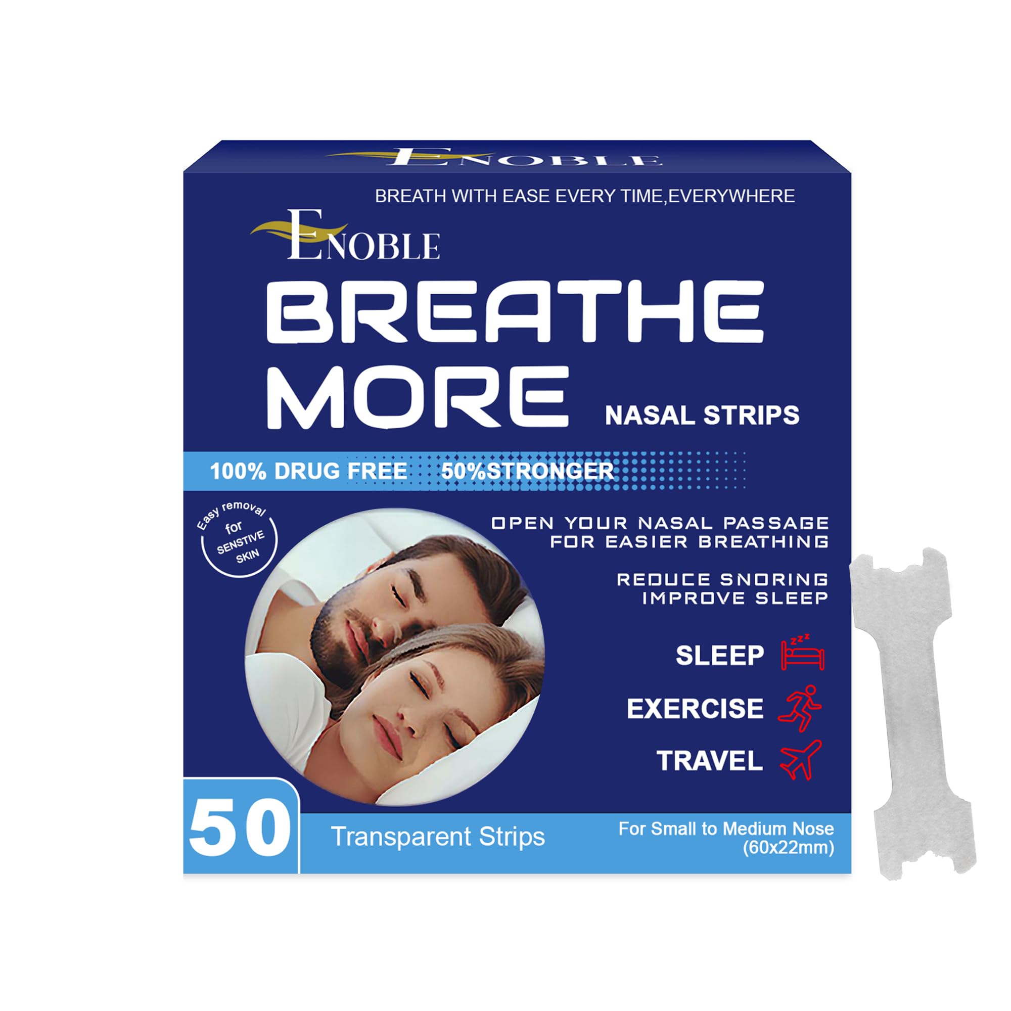 Breathe More Extra Strength Clear Nasal Strips for Snoring Relief Easy Breathing 50 Ct Standard Fit Latex-Free Drug-Free