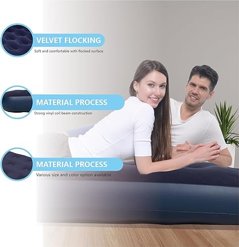 Miniatura 5 de Colchón de aire de doble tamaño para colchones inflables portátiles azul marino con parte superior flocada, cama de aire plegable para tienda de