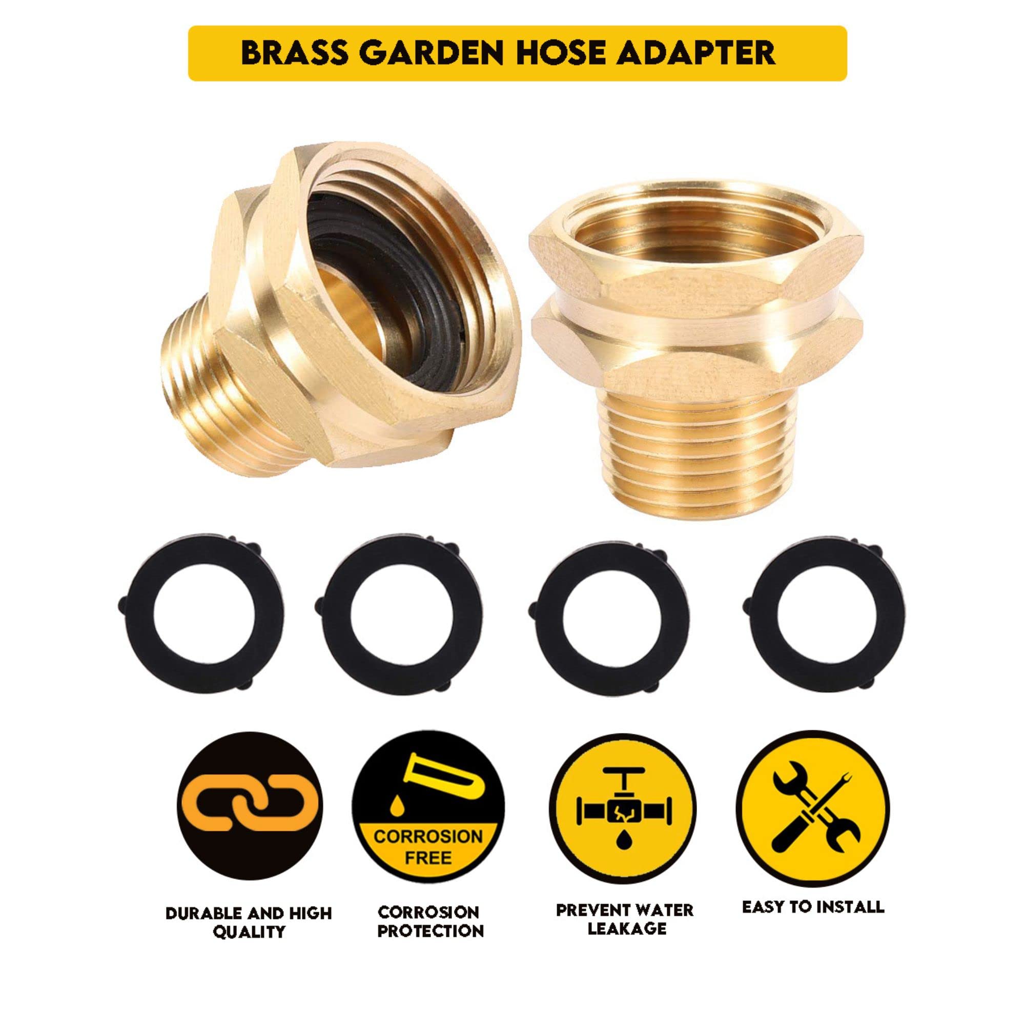Performore Paquete de 2 conectores GHT hembra de 3/4 pulgadas a macho NPT de 1/2 pulgada, adaptador GHT a NPT de latón, adaptadores de metal de rosca de manguera de jardín, incluye 4 arandelas con 2